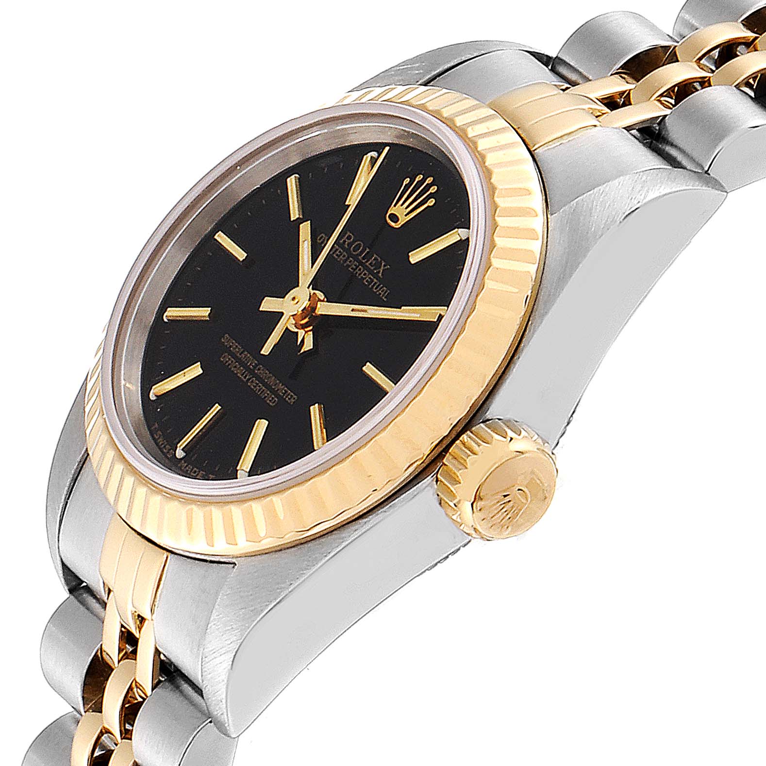 The image shows a side angle view of a Rolex Oyster Perpetual 67193 Women's Steel and Gold (two tone) Black Dial 67193 Women's Steel and Gold (two tone) Black Dial watch, displaying the case, bezel, crown, and part of the bracelet.