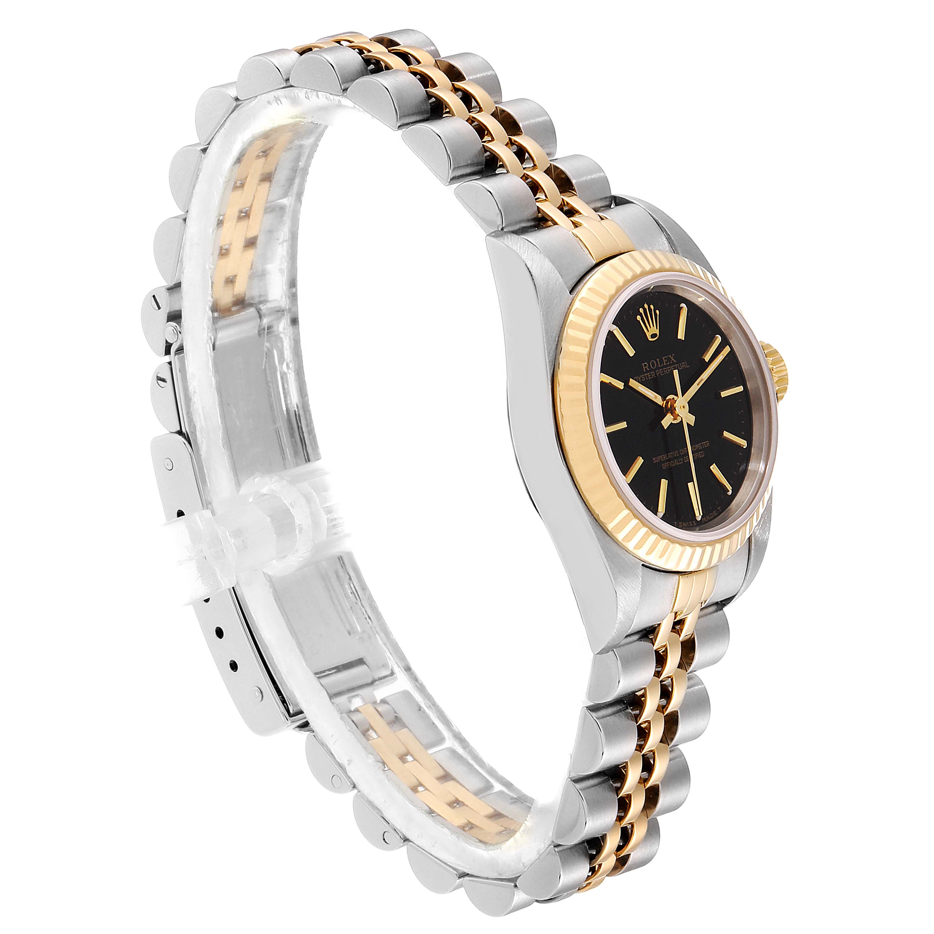 The image shows a Rolex Oyster Perpetual 67193 Women's Steel and Gold (two tone) Black Dial 67193 Women's Steel and Gold (two tone) Black Dial watch from a side angle, highlighting its bracelet, bezel, and black dial.
