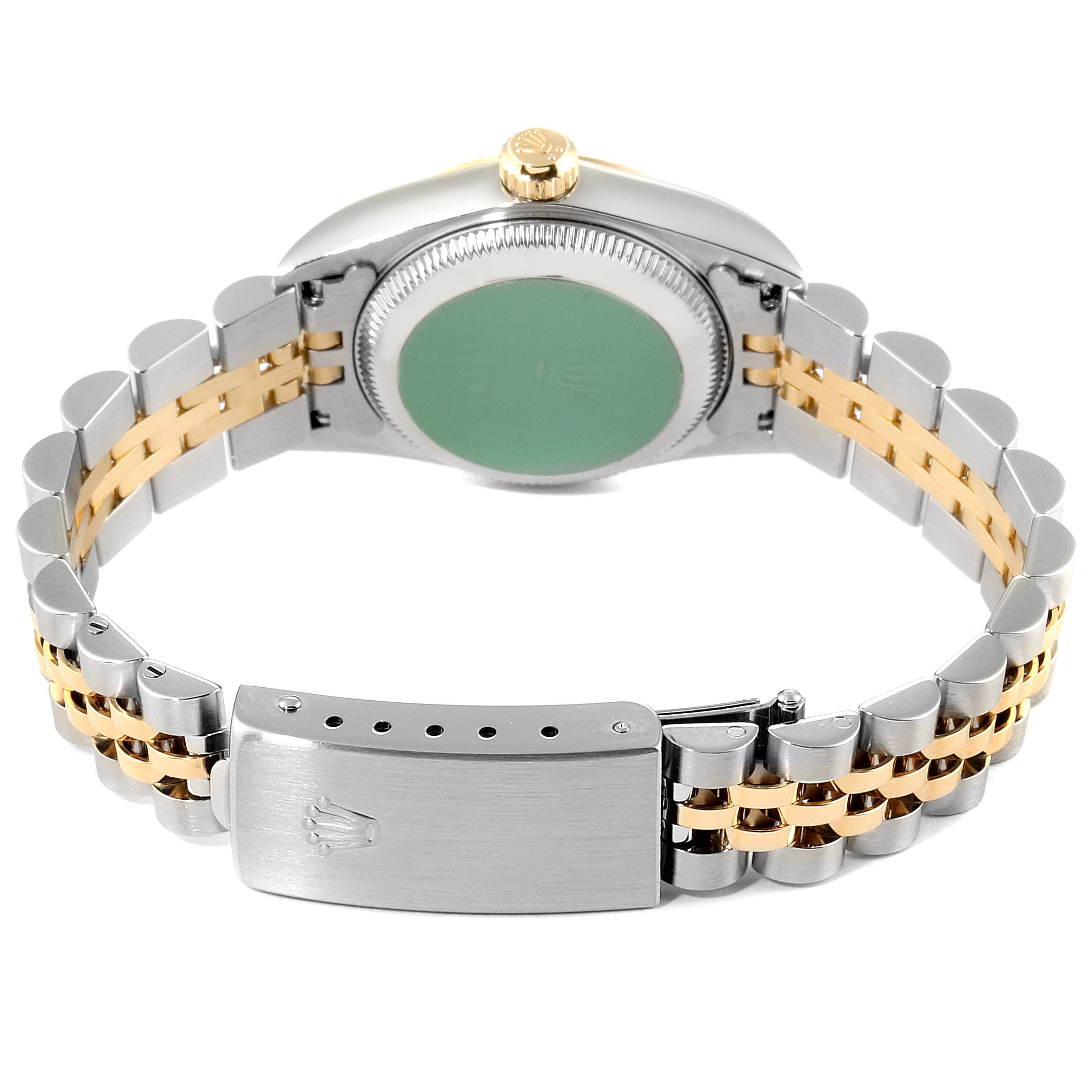 This image shows the back side of a Rolex Oyster Perpetual 76193 Women's Steel and Gold (two tone) White Dial 76193 Women's Steel and Gold (two tone) White Dial watch, focusing on the clasp and bracelet.