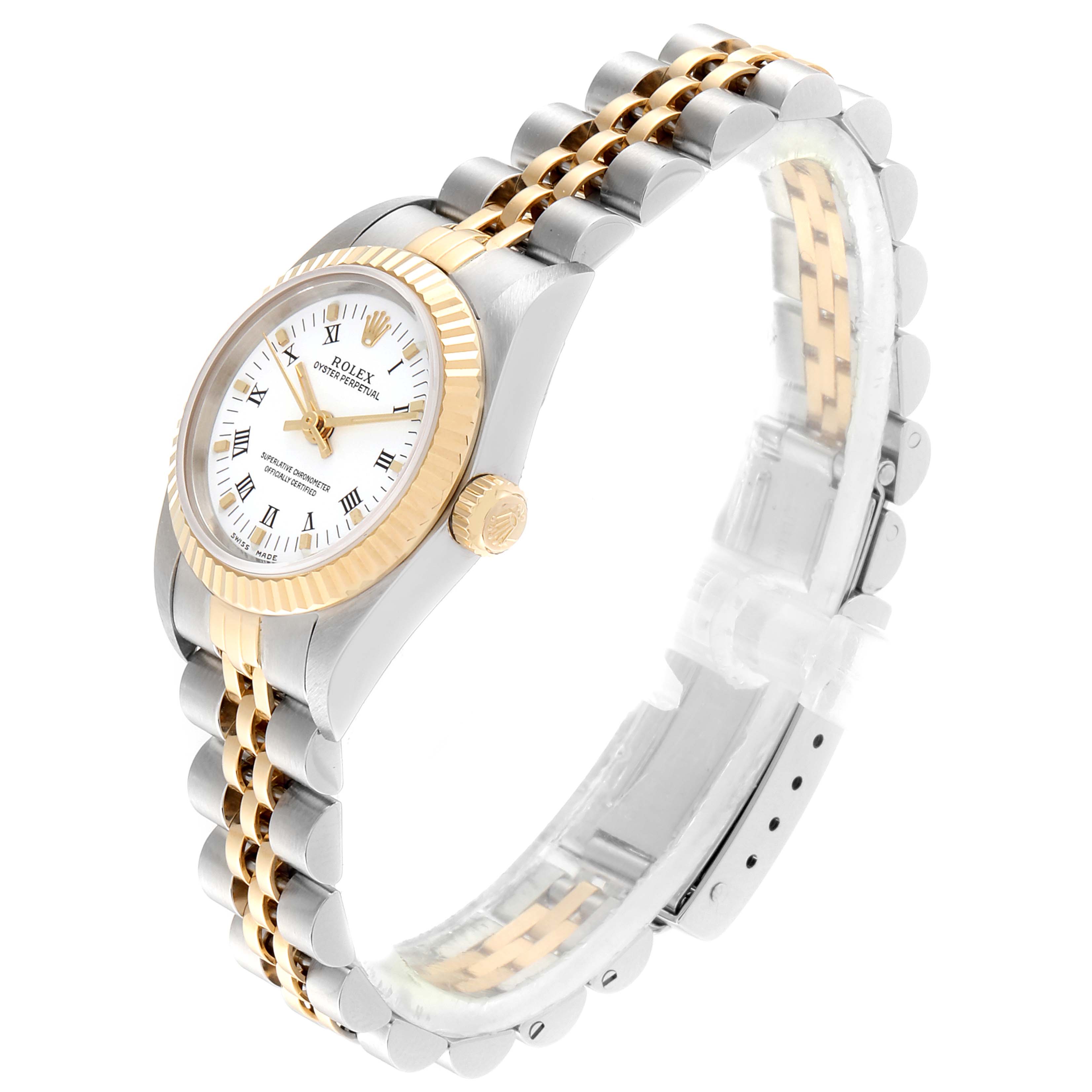 The image shows a side angle of a Rolex Oyster Perpetual 76193 Women's Steel and Gold (two tone) White Dial 76193 Women's Steel and Gold (two tone) White Dial watch, highlighting its two-toned bracelet and fluted bezel.
