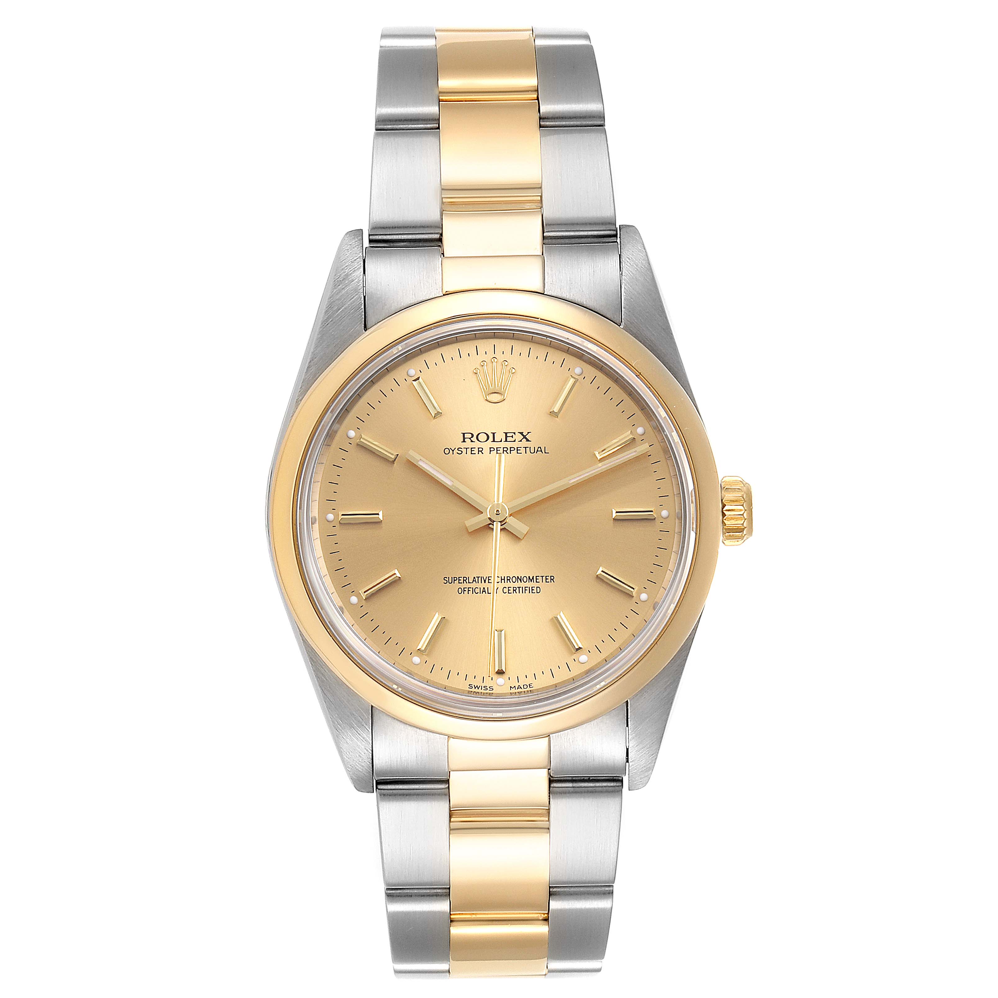 This image shows a front view of a Rolex Oyster Perpetual 14203 Men's Steel and Gold (two tone) Champagne Dial 14203 Men's Steel and Gold (two tone) Champagne Dial watch with a gold and silver bracelet.