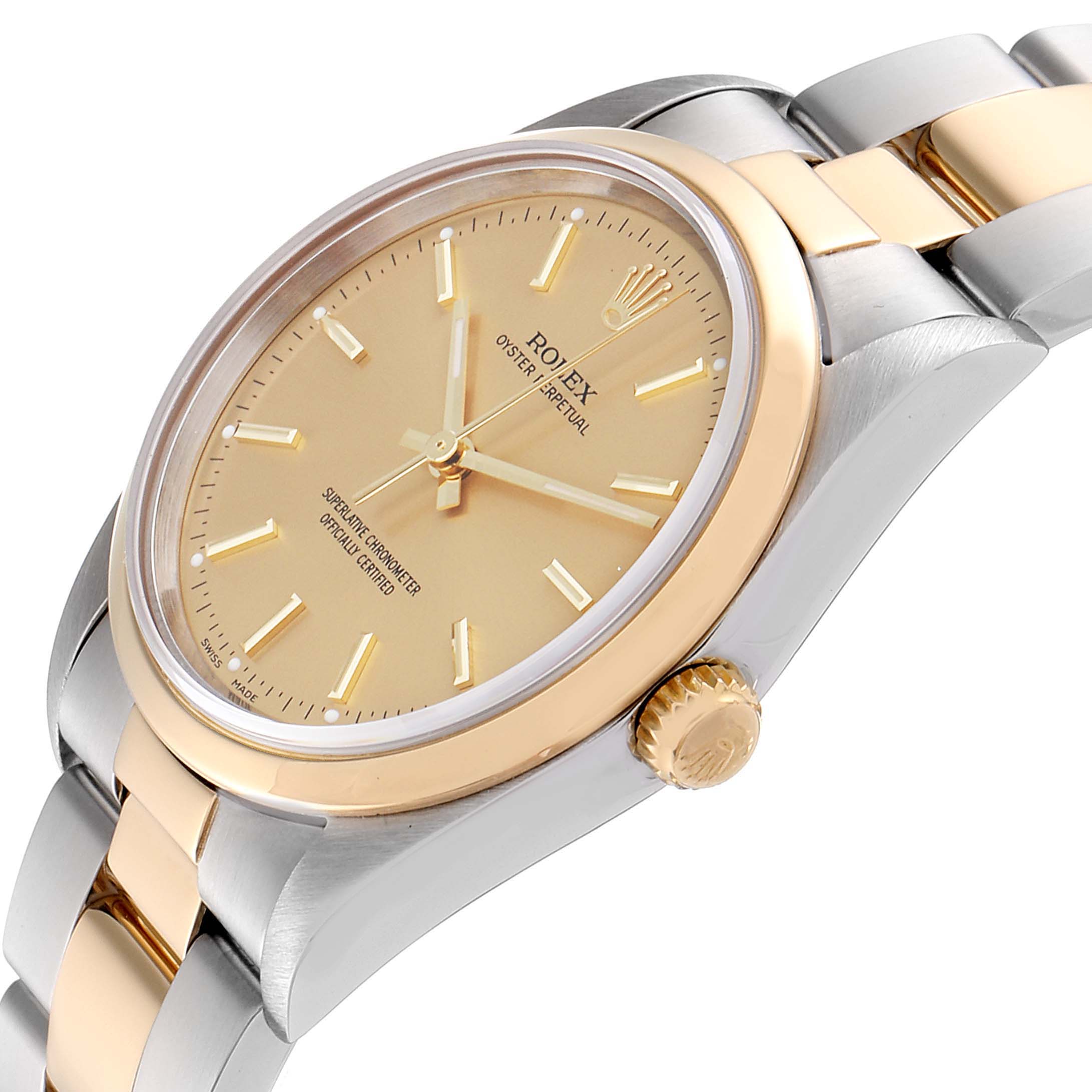 The image shows a side-angled view of a Rolex Oyster Perpetual 14203 Men's Steel and Gold (two tone) Champagne Dial 14203 Men's Steel and Gold (two tone) Champagne Dial watch, highlighting the bezel, dial, and bracelet.