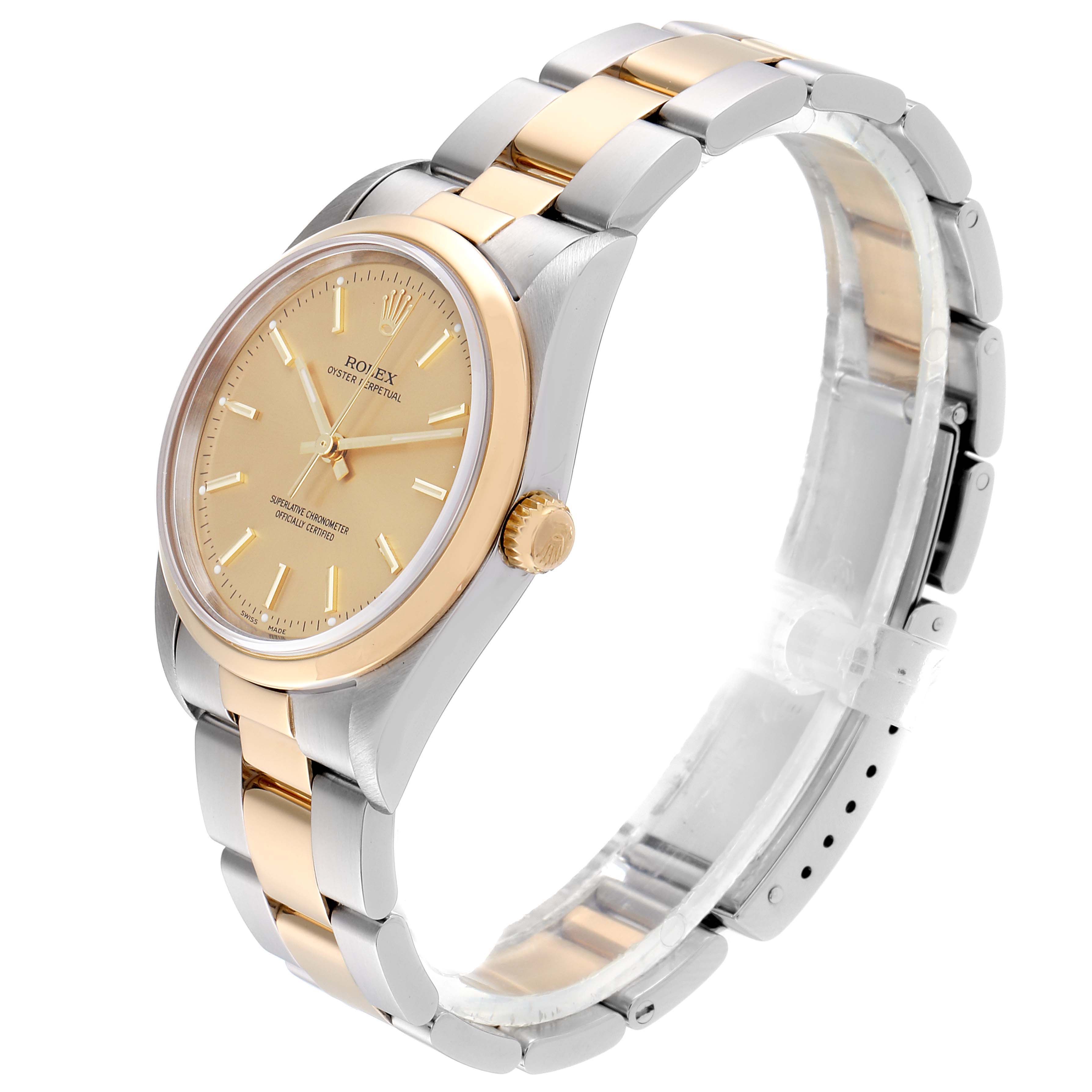 The image shows a side and slight top view of the Rolex Oyster Perpetual 14203 Men's Steel and Gold (two tone) Champagne Dial 14203 Men's Steel and Gold (two tone) Champagne Dial, highlighting the gold and steel bracelet and the champagne dial.