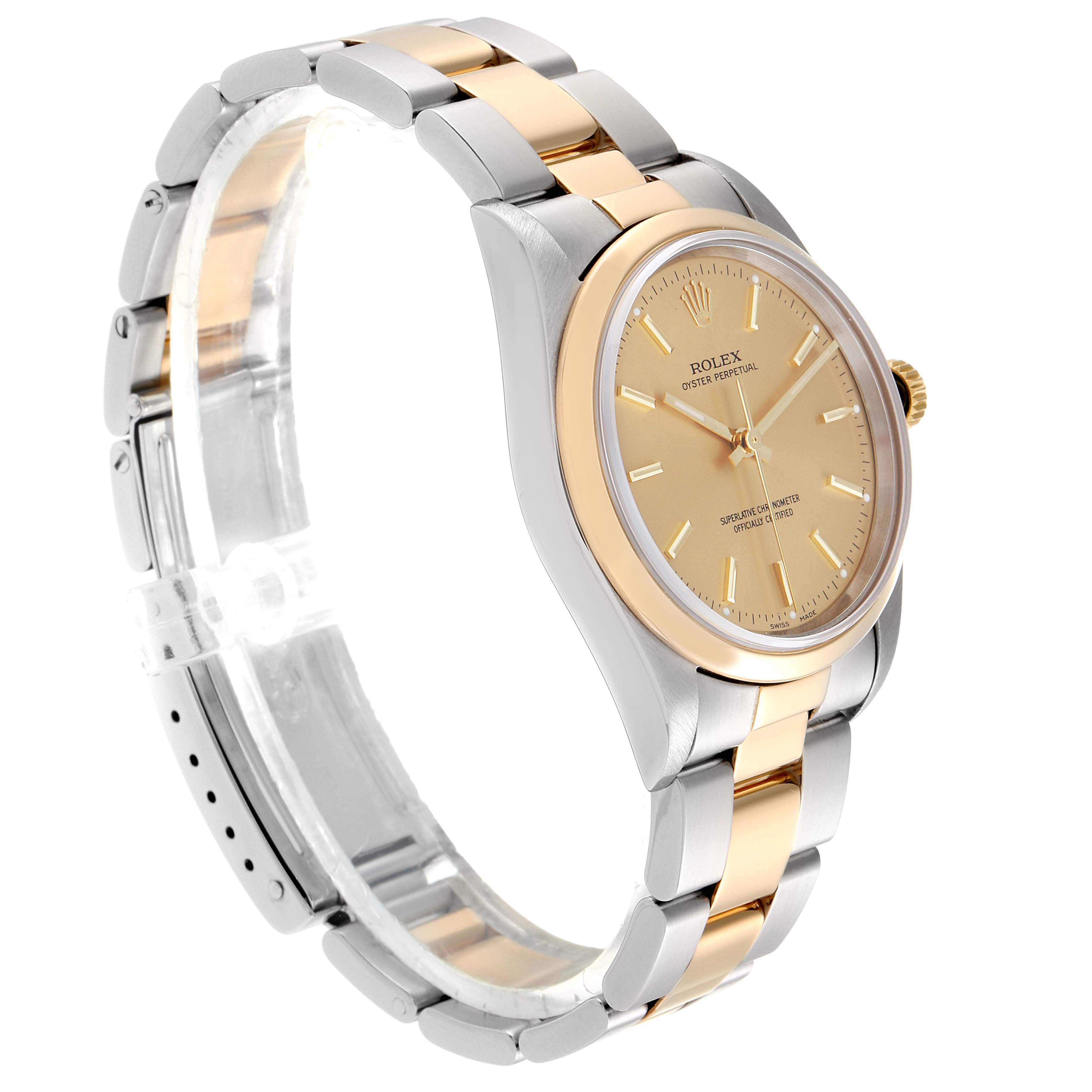 This image shows a Rolex Oyster Perpetual 14203 Men's Steel and Gold (two tone) Champagne Dial 14203 Men's Steel and Gold (two tone) Champagne Dial watch from a side angle, highlighting its two-tone bracelet and face.