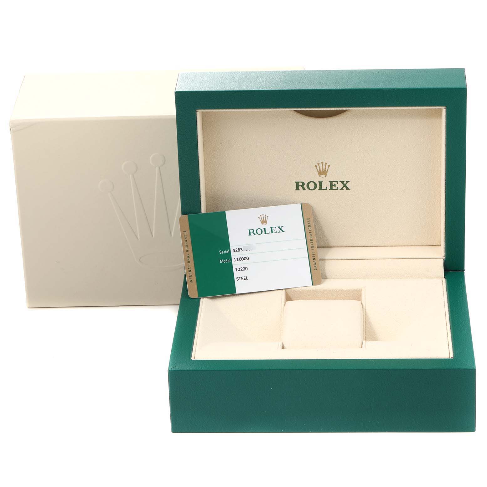 The image shows a Rolex Oyster Perpetual 116000 Men's Stainless Steel Grey Dial 116000 Men's Stainless Steel Grey Dial watch box and warranty card, viewed at an angle showing the inside and outside of the case.