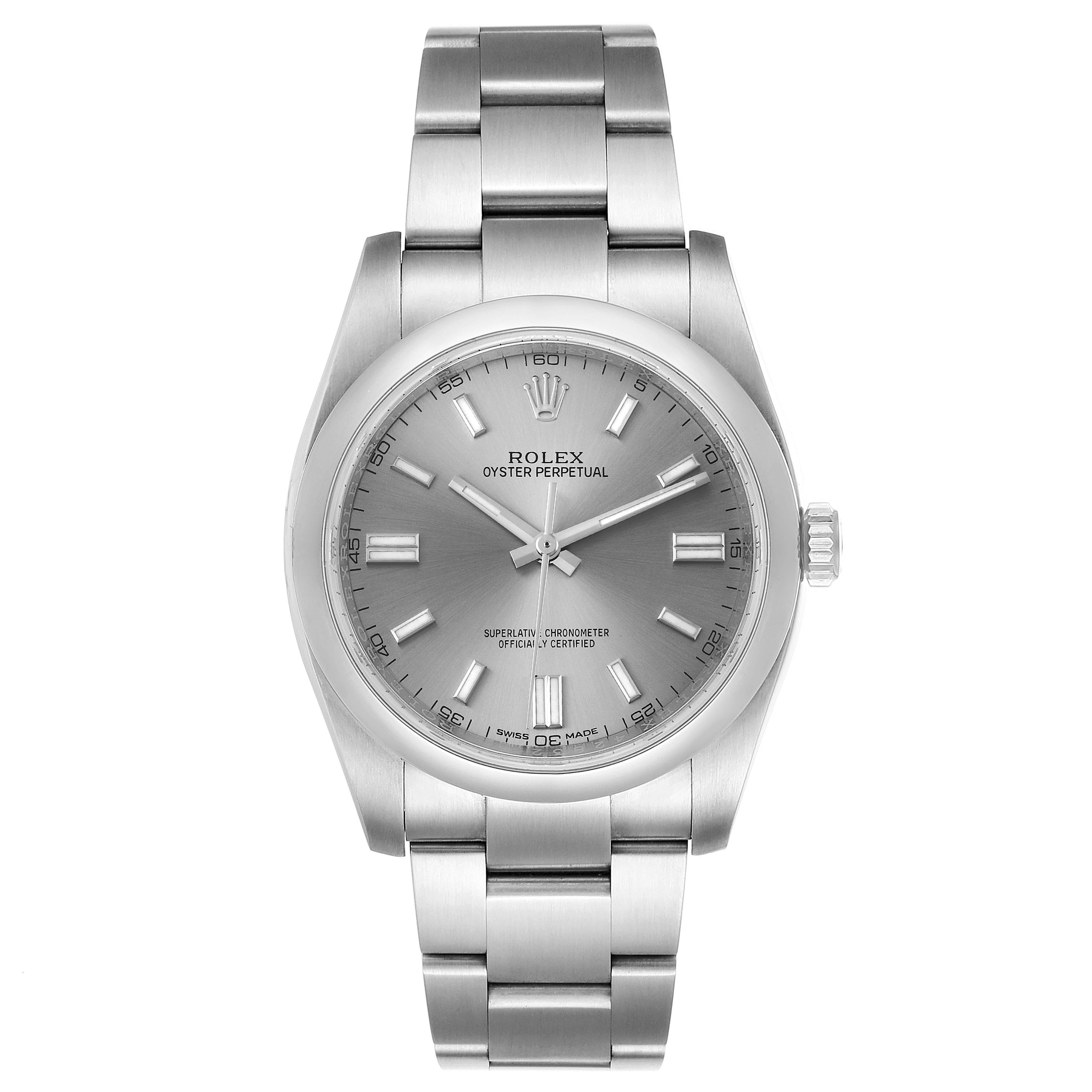 The image shows a front view of a Rolex Oyster Perpetual 116000 Men's Stainless Steel Grey Dial 116000 Men's Stainless Steel Grey Dial watch, displaying the dial, hands, case, and bracelet.
