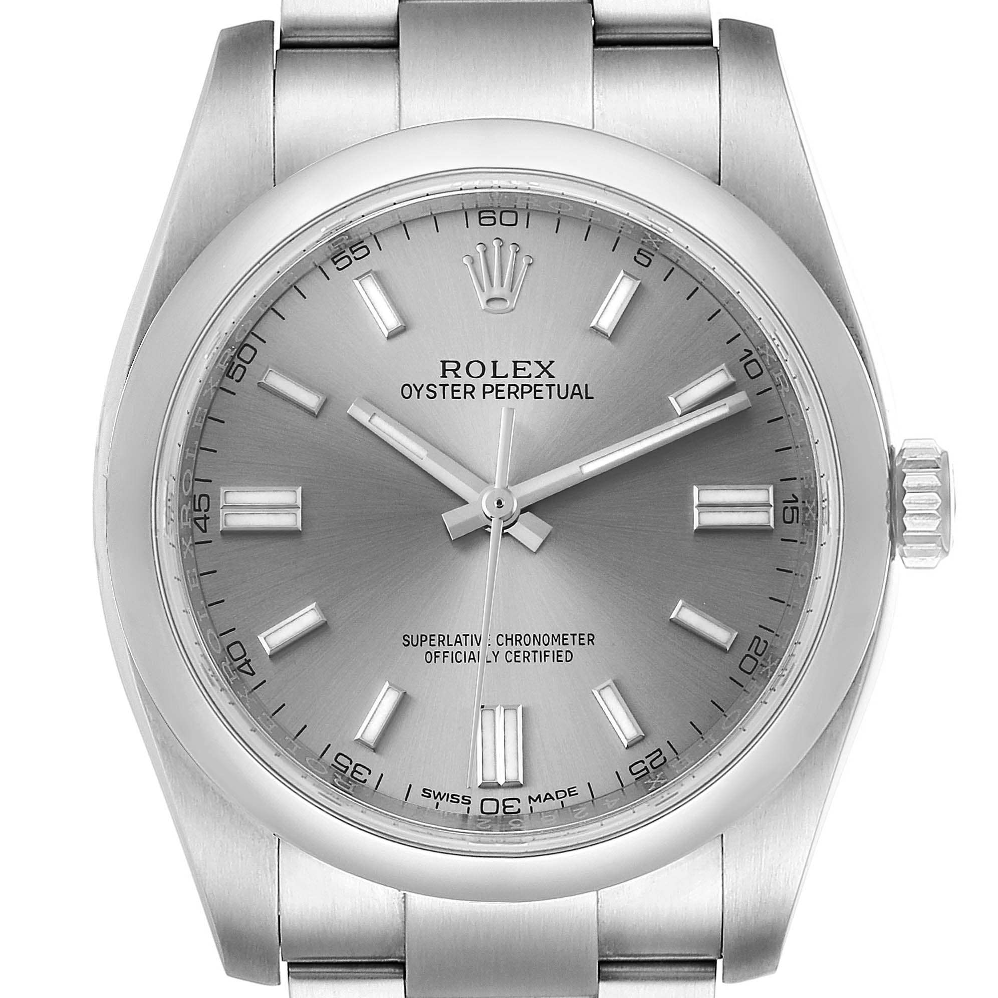 This image shows a front view of a Rolex Oyster Perpetual 116000 Men's Stainless Steel Grey Dial 116000 Men's Stainless Steel Grey Dial watch, displaying the face, dial, hands, and part of the bracelet.