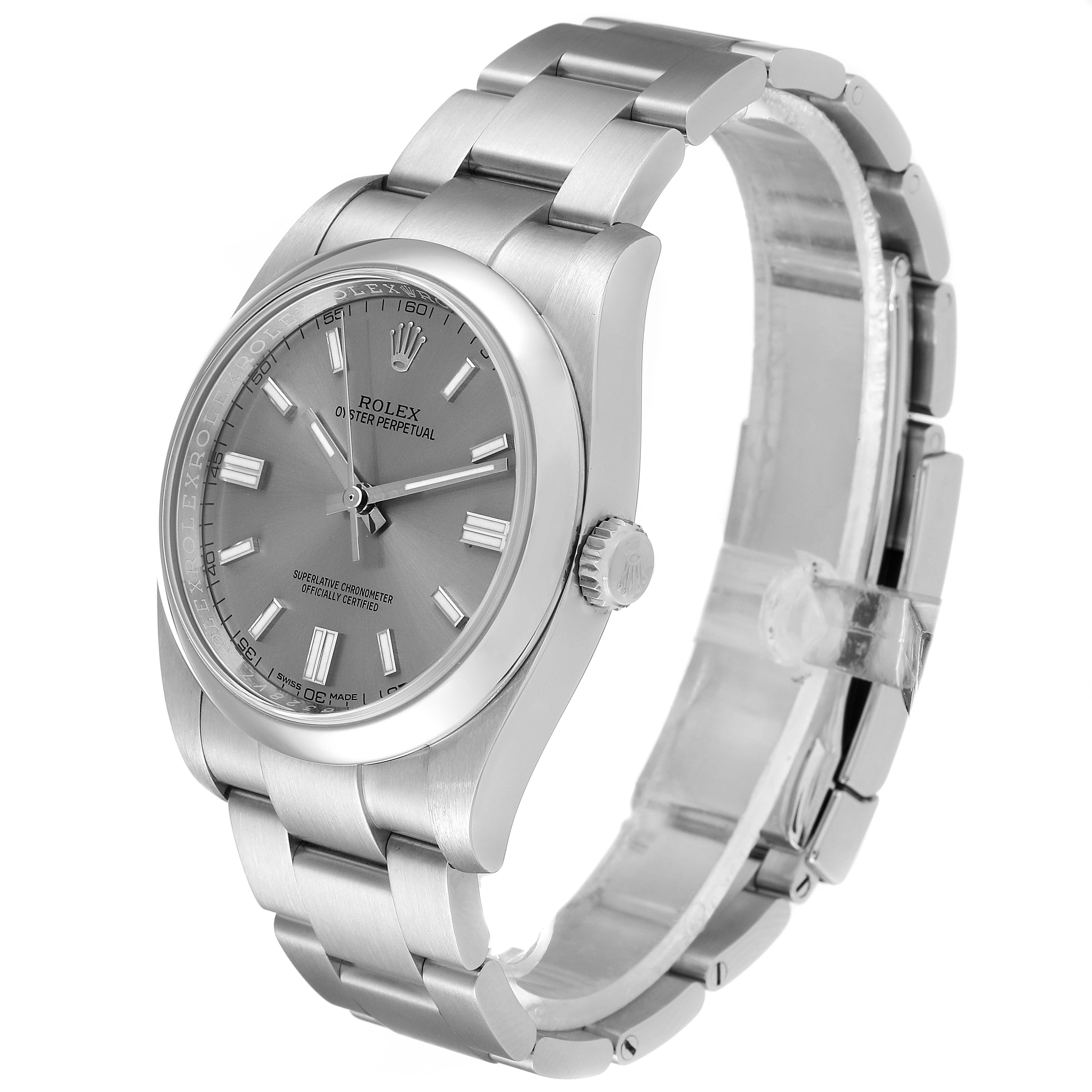 The Rolex Oyster Perpetual 116000 Men's Stainless Steel Grey Dial 116000 Men's Stainless Steel Grey Dial watch is shown at a three-quarter angle, displaying the face, bezel, crown, and bracelet.