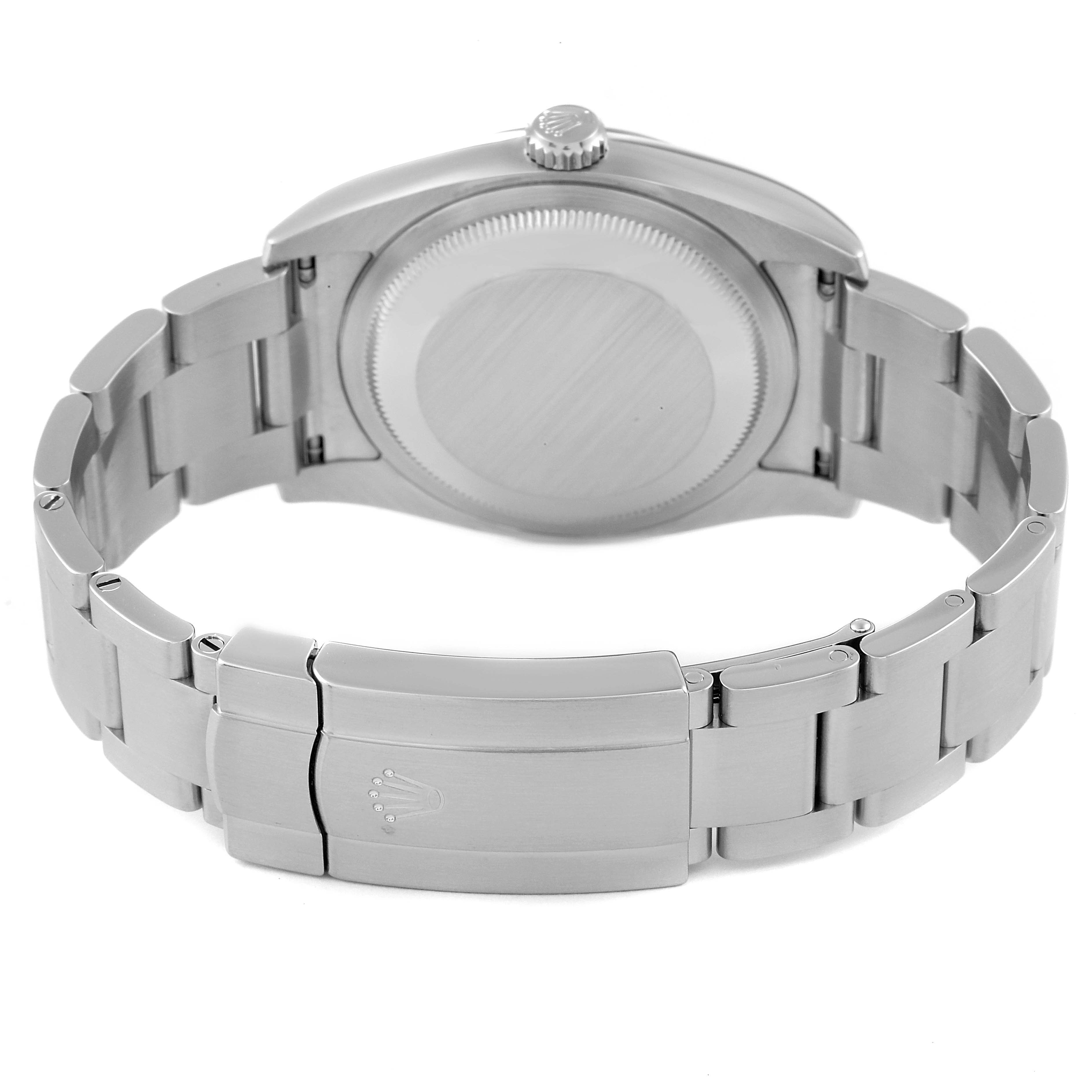 The image shows the back view of a Rolex Oyster Perpetual 116000 Men's Stainless Steel Grey Dial 116000 Men's Stainless Steel Grey Dial watch, focusing on the case back and bracelet clasp.