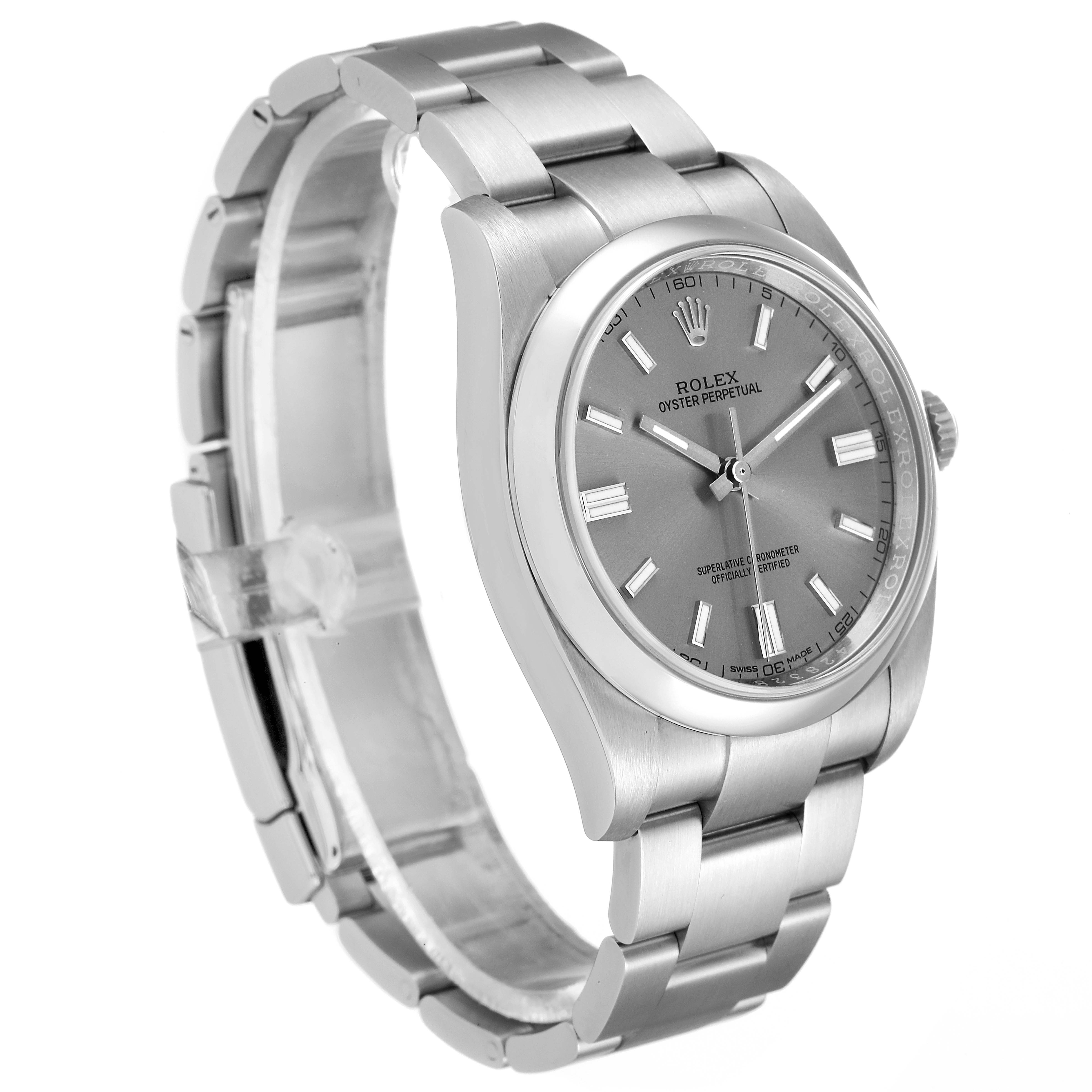 The image shows a side view of the Rolex Oyster Perpetual 116000 Men's Stainless Steel Grey Dial 116000 Men's Stainless Steel Grey Dial watch, highlighting its stainless steel case, bracelet, and dial.