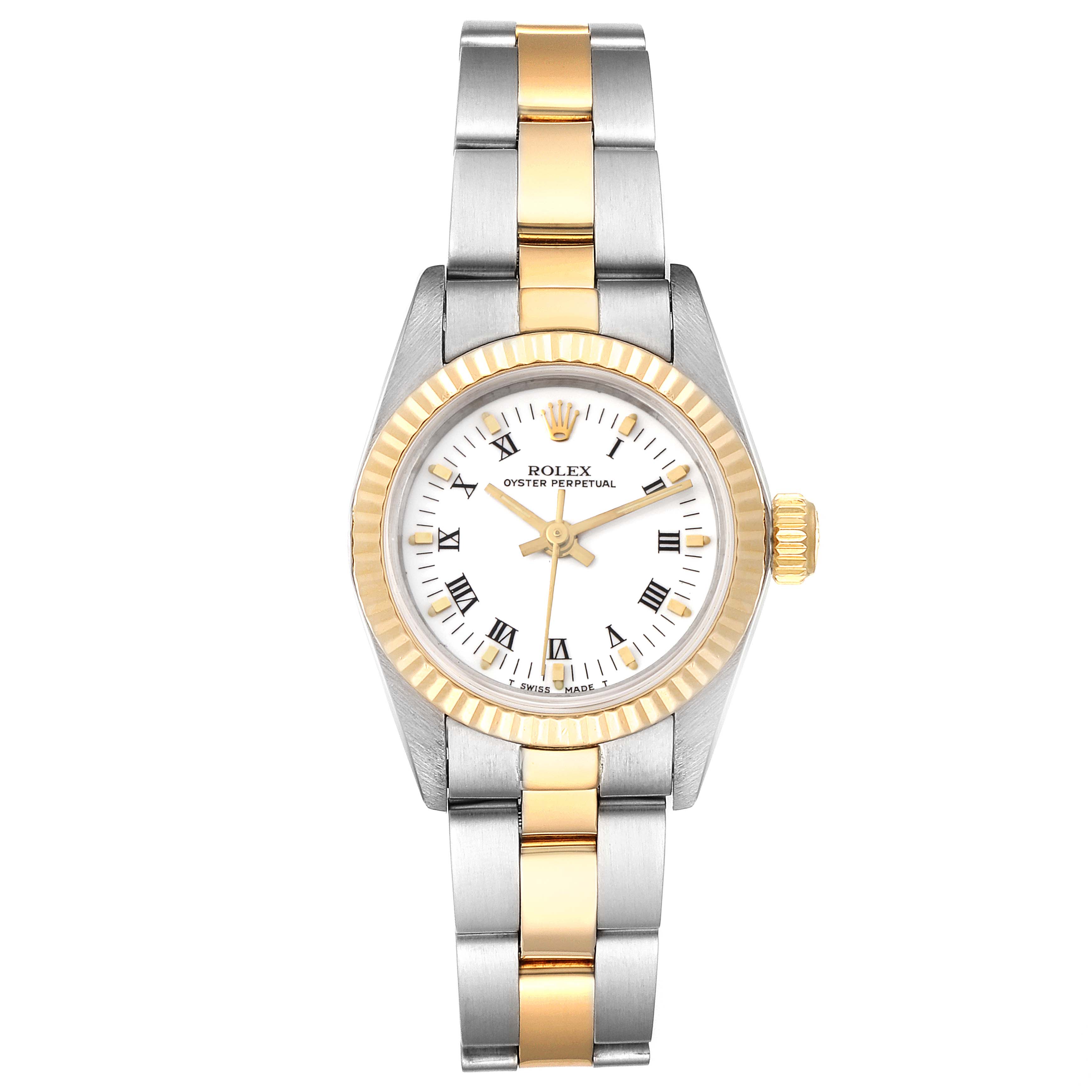 The Rolex Datejust 67193 Women's Steel and Gold (two tone) White Dial 67193 Women's Steel and Gold (two tone) White Dial watch is shown from a top-down angle, highlighting its two-tone metal bracelet and fluted bezel.