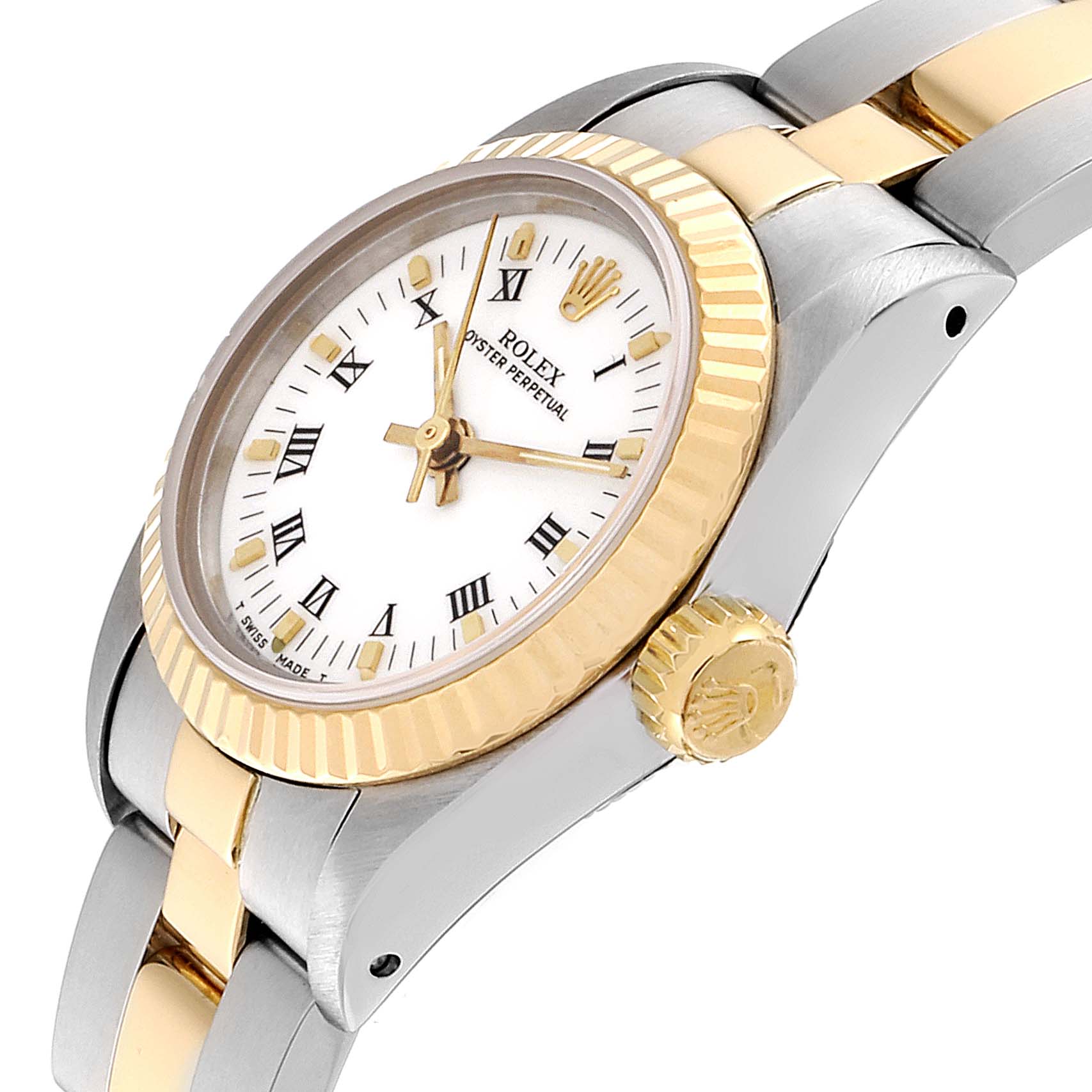 This Rolex Datejust 67193 Women's Steel and Gold (two tone) White Dial 67193 Women's Steel and Gold (two tone) White Dial watch is shown at an angle highlighting the gold crown, fluted bezel, and part of the two-tone bracelet.