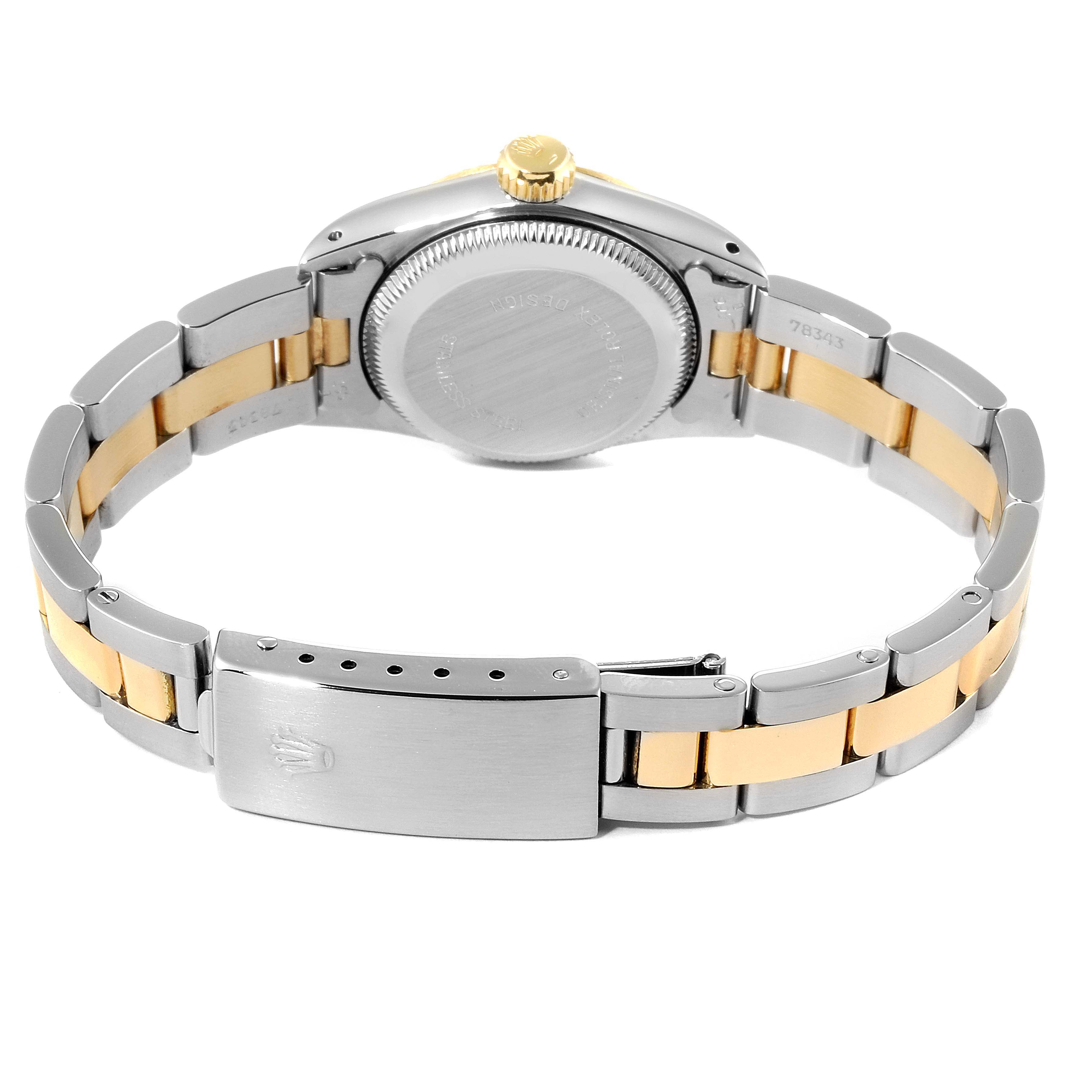 The image shows the rear view of the Rolex Datejust 67193 Women's Steel and Gold (two tone) White Dial 67193 Women's Steel and Gold (two tone) White Dial model, highlighting the case back and two-tone bracelet with clasp.