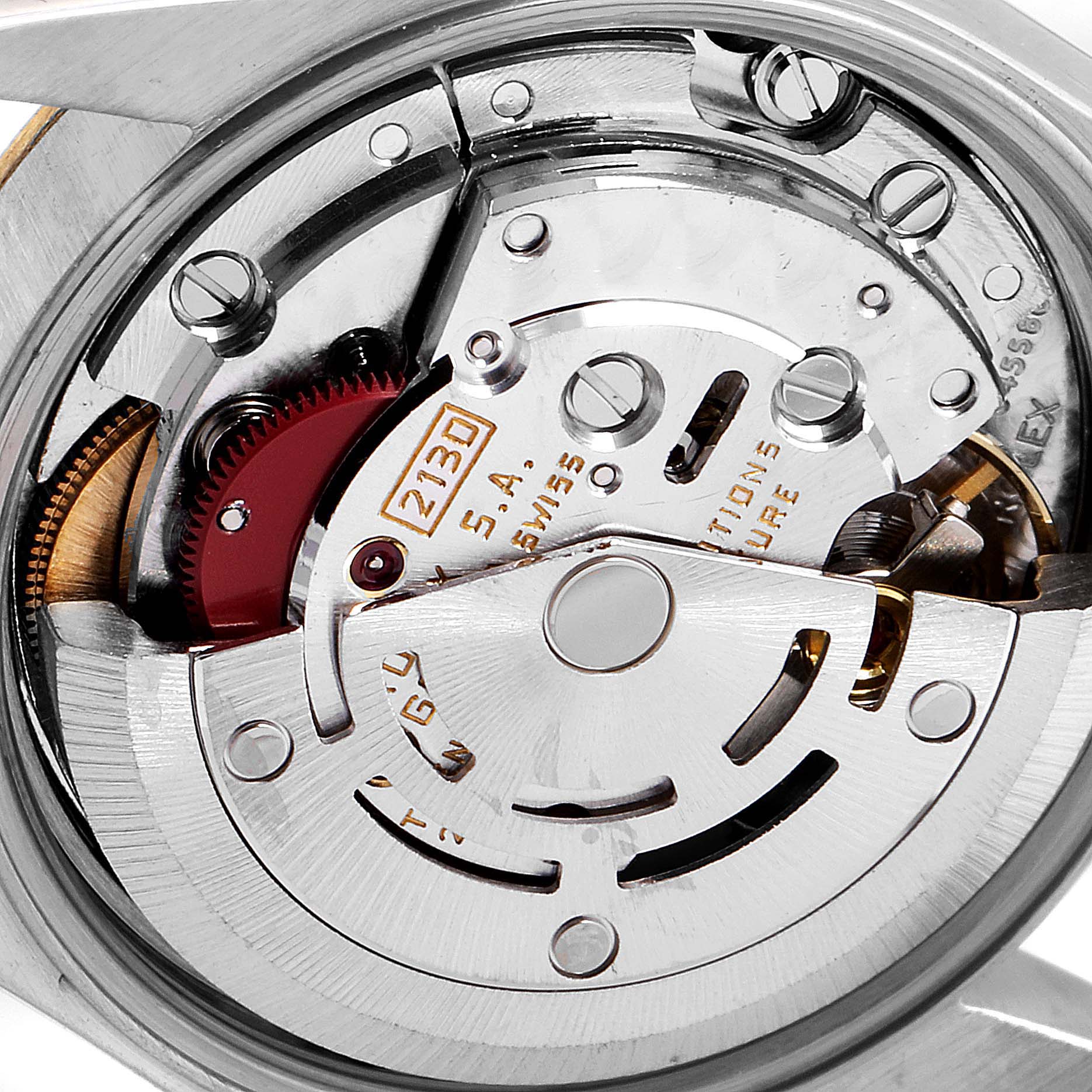 This image shows the movement and internal components of a Rolex Datejust 67193 Women's Steel and Gold (two tone) White Dial 67193 Women's Steel and Gold (two tone) White Dial watch, viewed from the back.