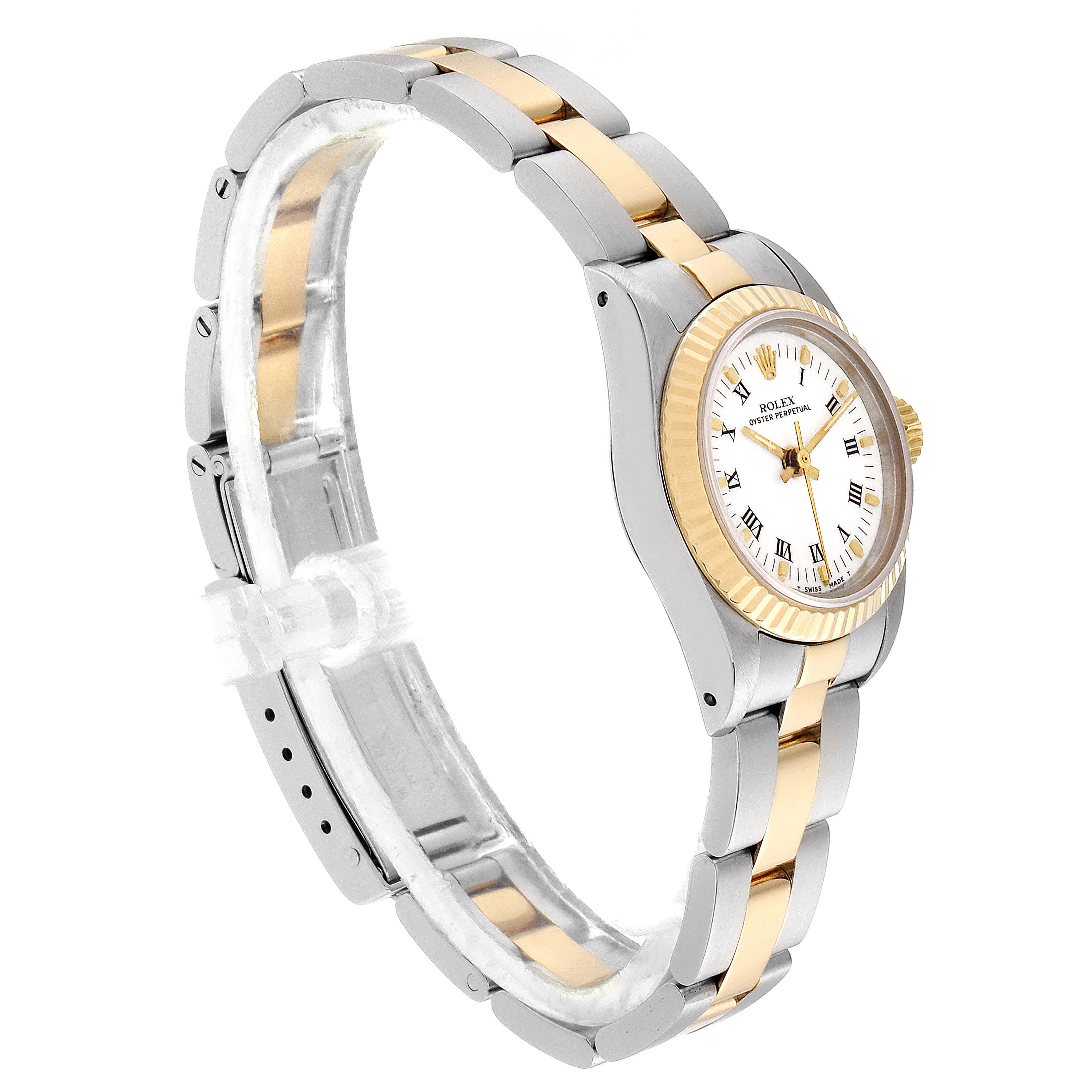 The image shows a Rolex Datejust 67193 Women's Steel and Gold (two tone) White Dial 67193 Women's Steel and Gold (two tone) White Dial watch at a slight angle, highlighting its two-tone metal bracelet and fluted bezel.
