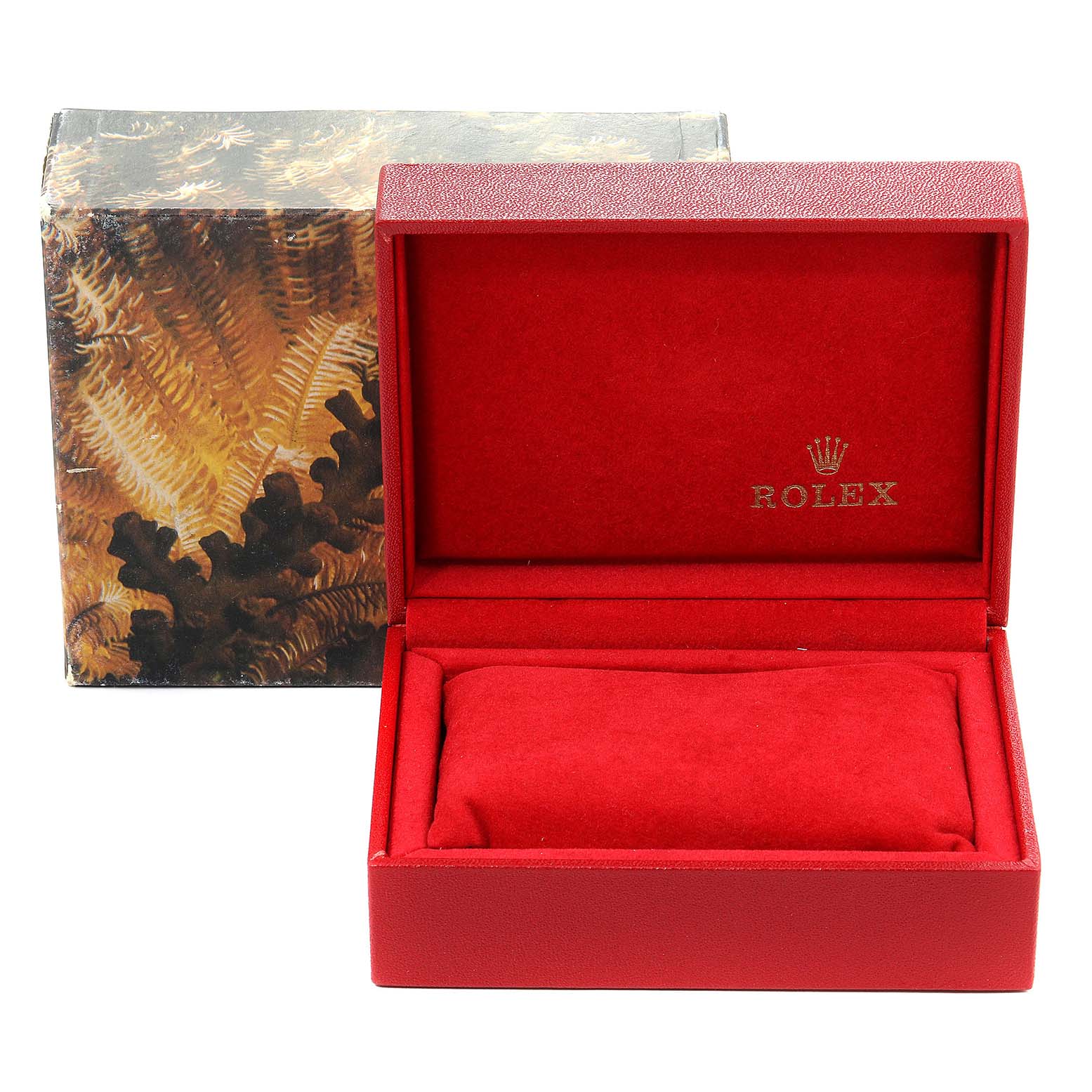 The image shows an open Rolex Datejust 67193 Women's Steel and Gold (two tone) White Dial 67193 Women's Steel and Gold (two tone) White Dial watch box with a red interior and a decorative outer box in the background.