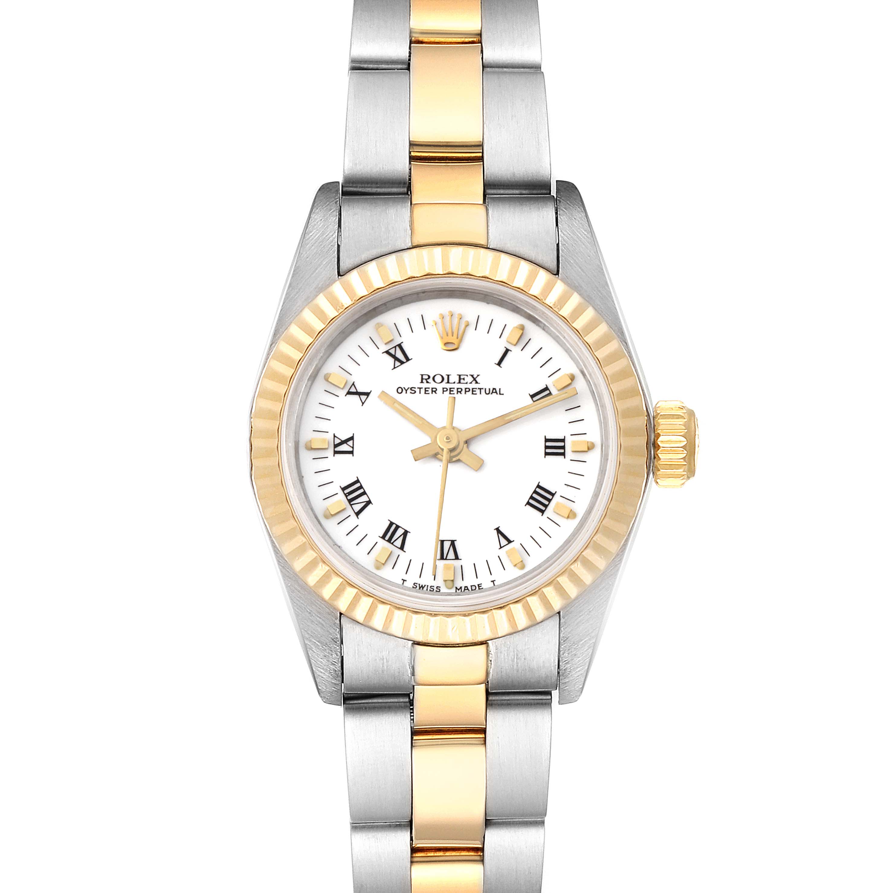 The image shows a Rolex Datejust 67193 Women's Steel and Gold (two tone) White Dial 67193 Women's Steel and Gold (two tone) White Dial watch from a front angle, highlighting the dial, bezel, crown, and two-tone bracelet.