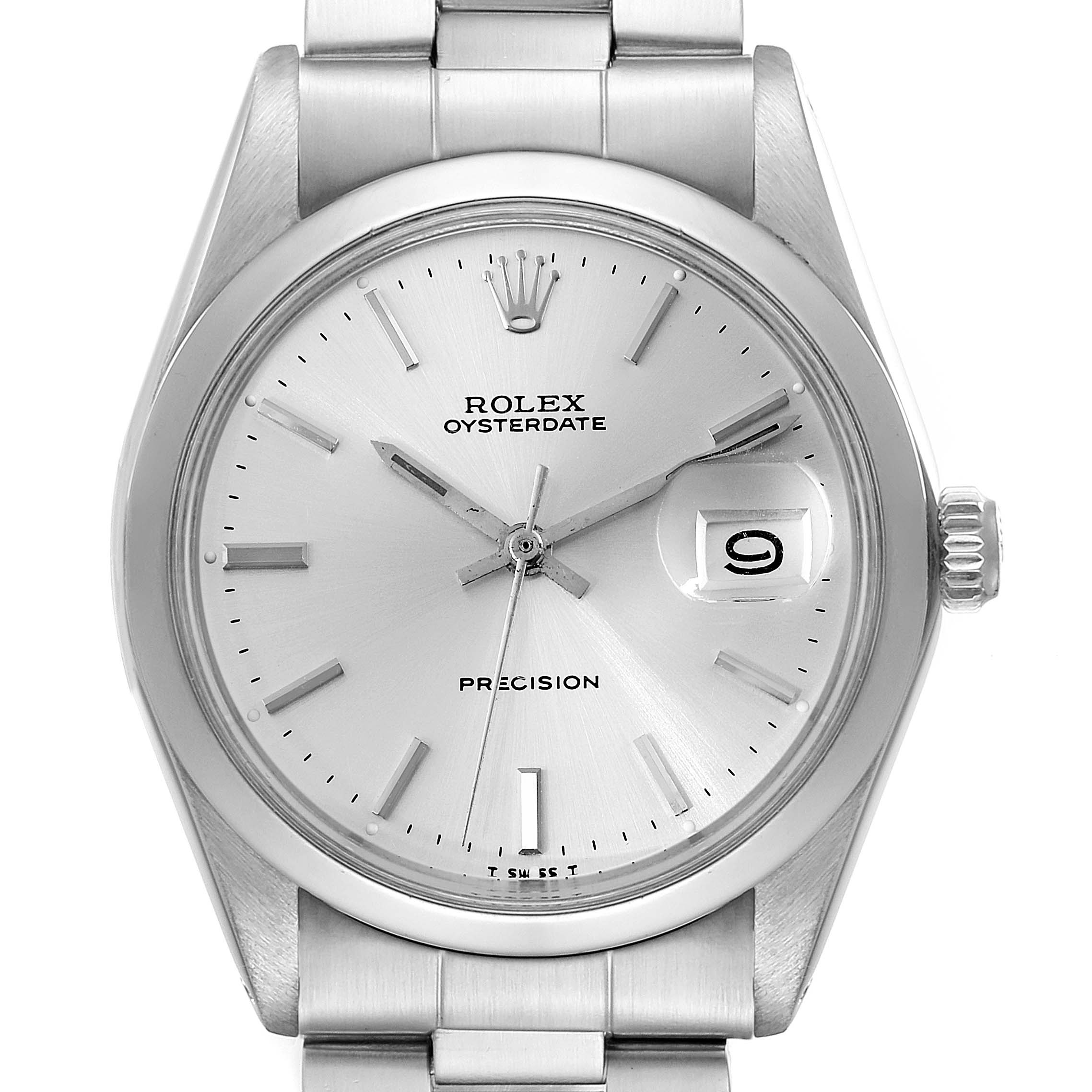 This image shows a frontal view of the dial and case of a Rolex Vintage Collection 6694 Men's Stainless Steel Silver Dial 6694 Men's Stainless Steel Silver Dial Oysterdate Precision watch.