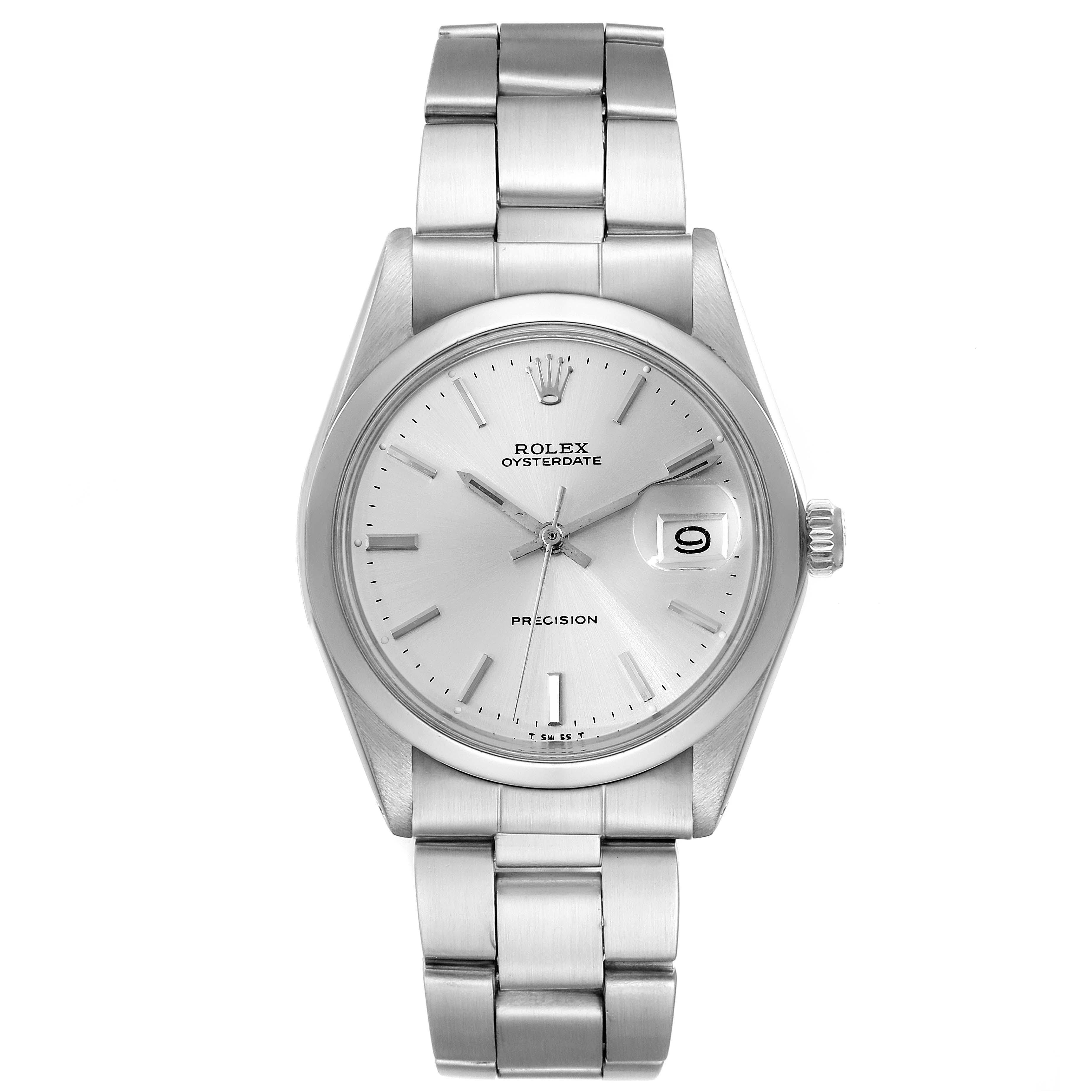 The image shows a frontal view of a Rolex Oysterdate Precision from the Vintage Collection, displaying its face, bezel, and metal bracelet.