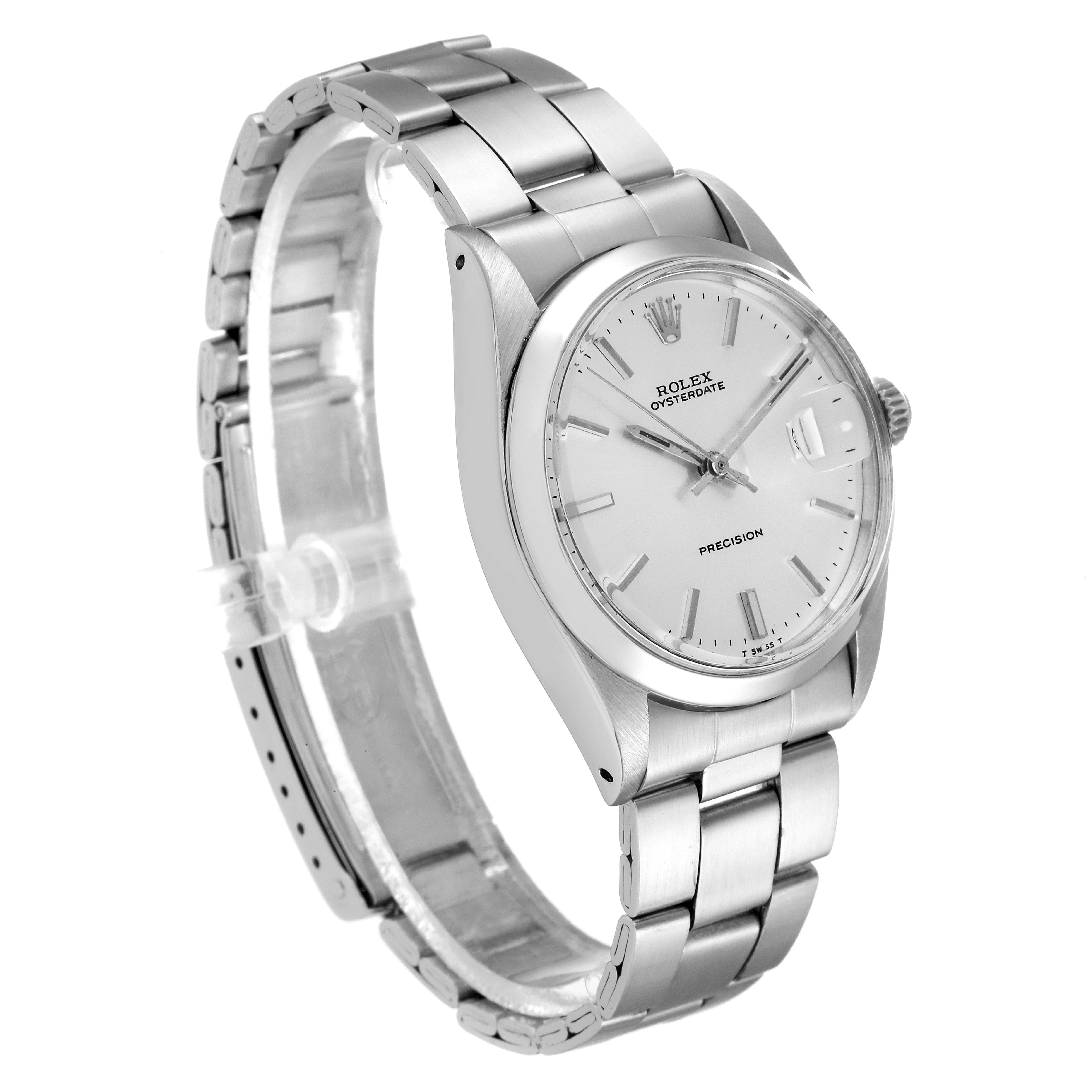 This image shows a side angle of a Rolex Vintage Collection 6694 Men's Stainless Steel Silver Dial 6694 Men's Stainless Steel Silver Dial watch, featuring its dial, crown, and bracelet.