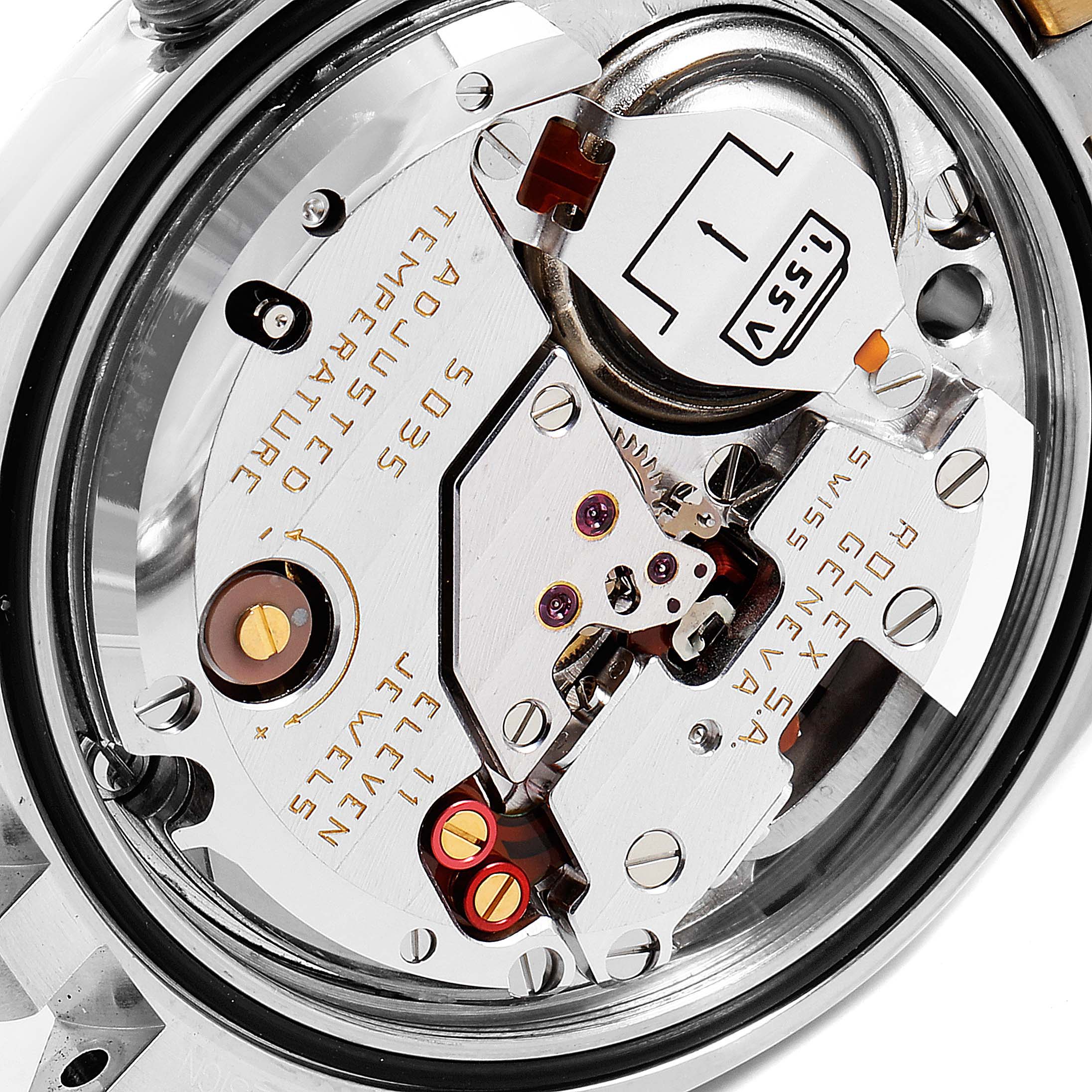 This close-up image shows the movement mechanism and components of the Rolex Oysterquartz 16865 Men's Stainless Steel White Dial 16865 Men's Stainless Steel White Dial watch model.