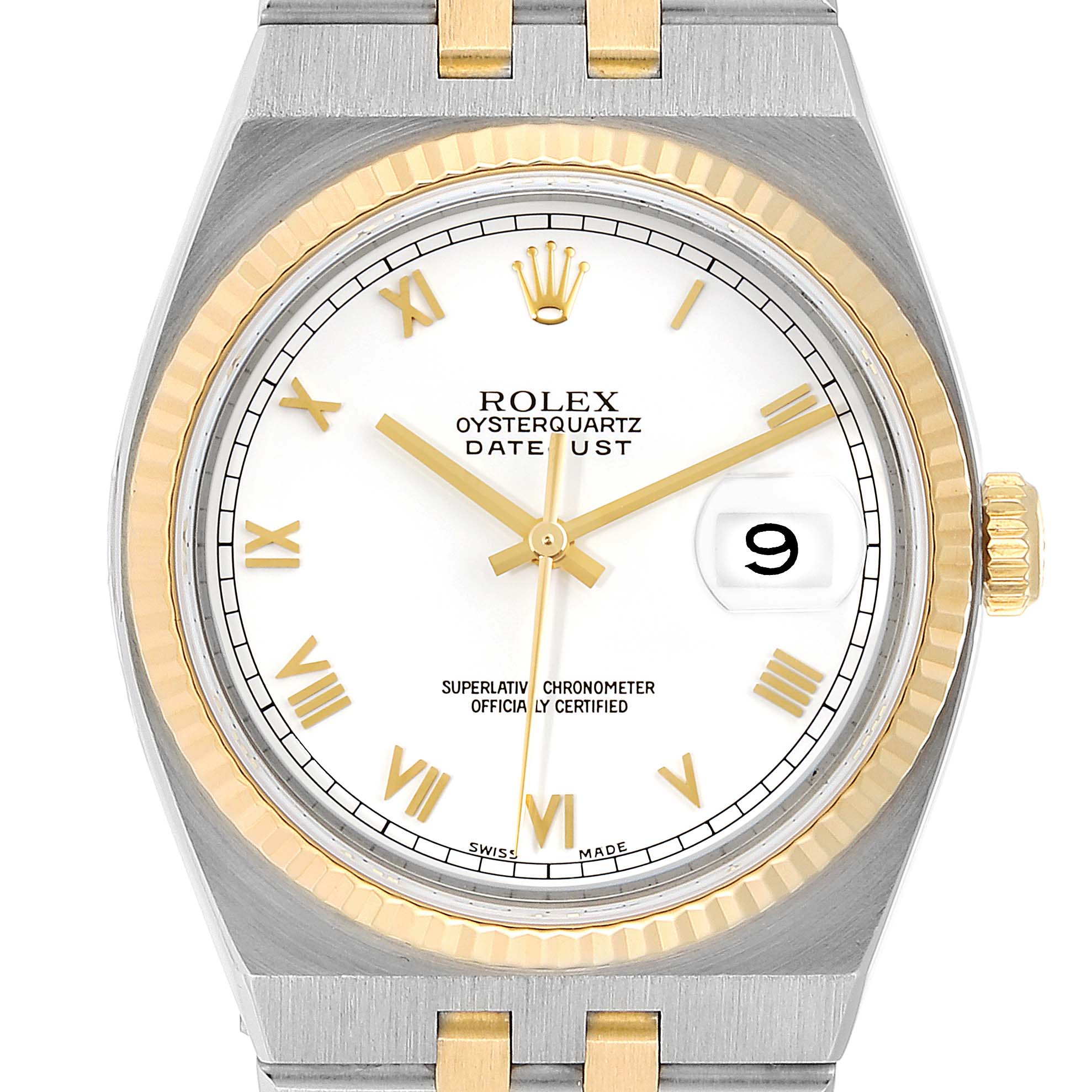This image shows a front view of the Rolex Oysterquartz 16865 Men's Stainless Steel White Dial 16865 Men's Stainless Steel White Dial watch, displaying the dial, hands, crown, and part of the bracelet.