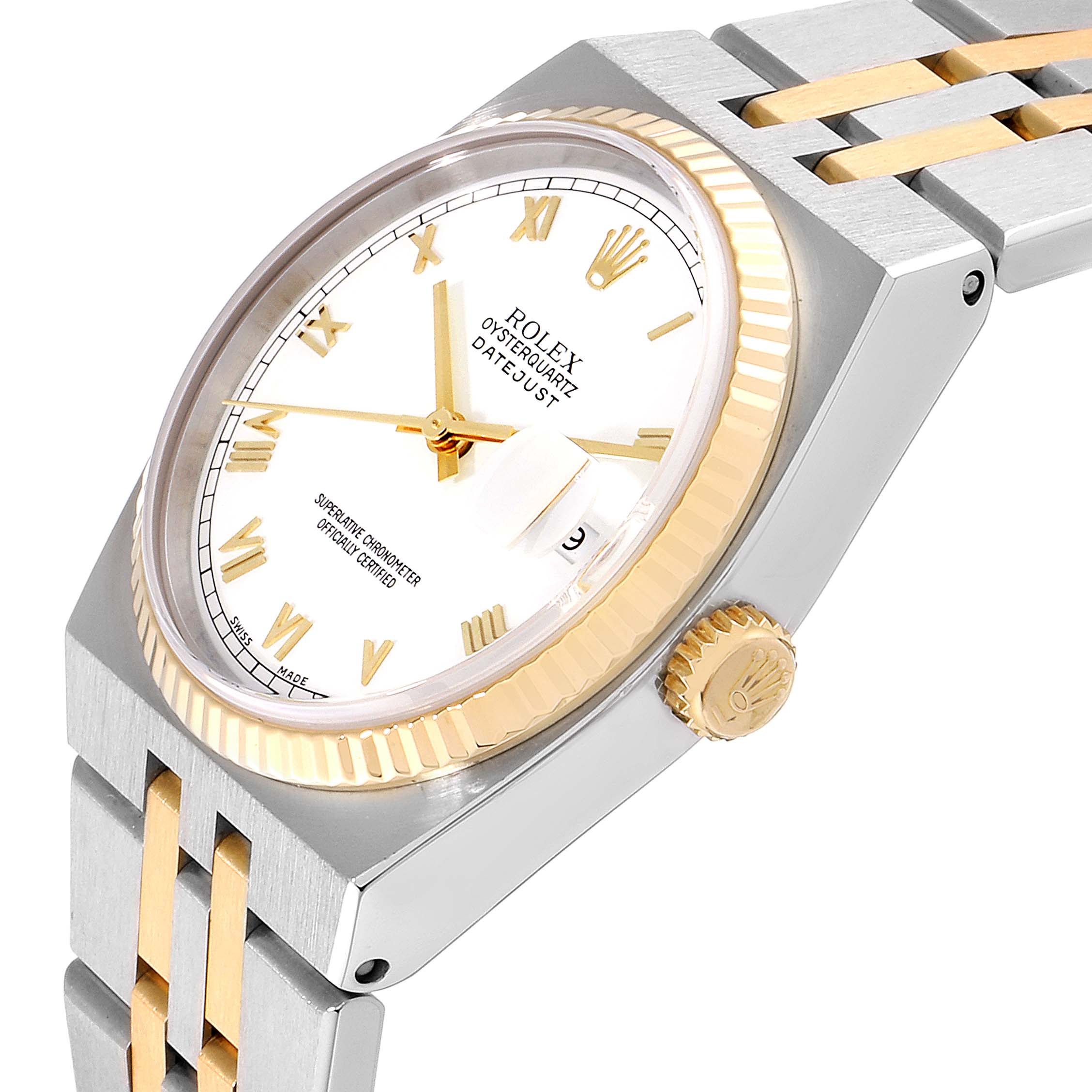The Rolex Oysterquartz 16865 Men's Stainless Steel White Dial 16865 Men's Stainless Steel White Dial watch is shown at a side angle, highlighting the bezel, crown, and part of the bracelet.