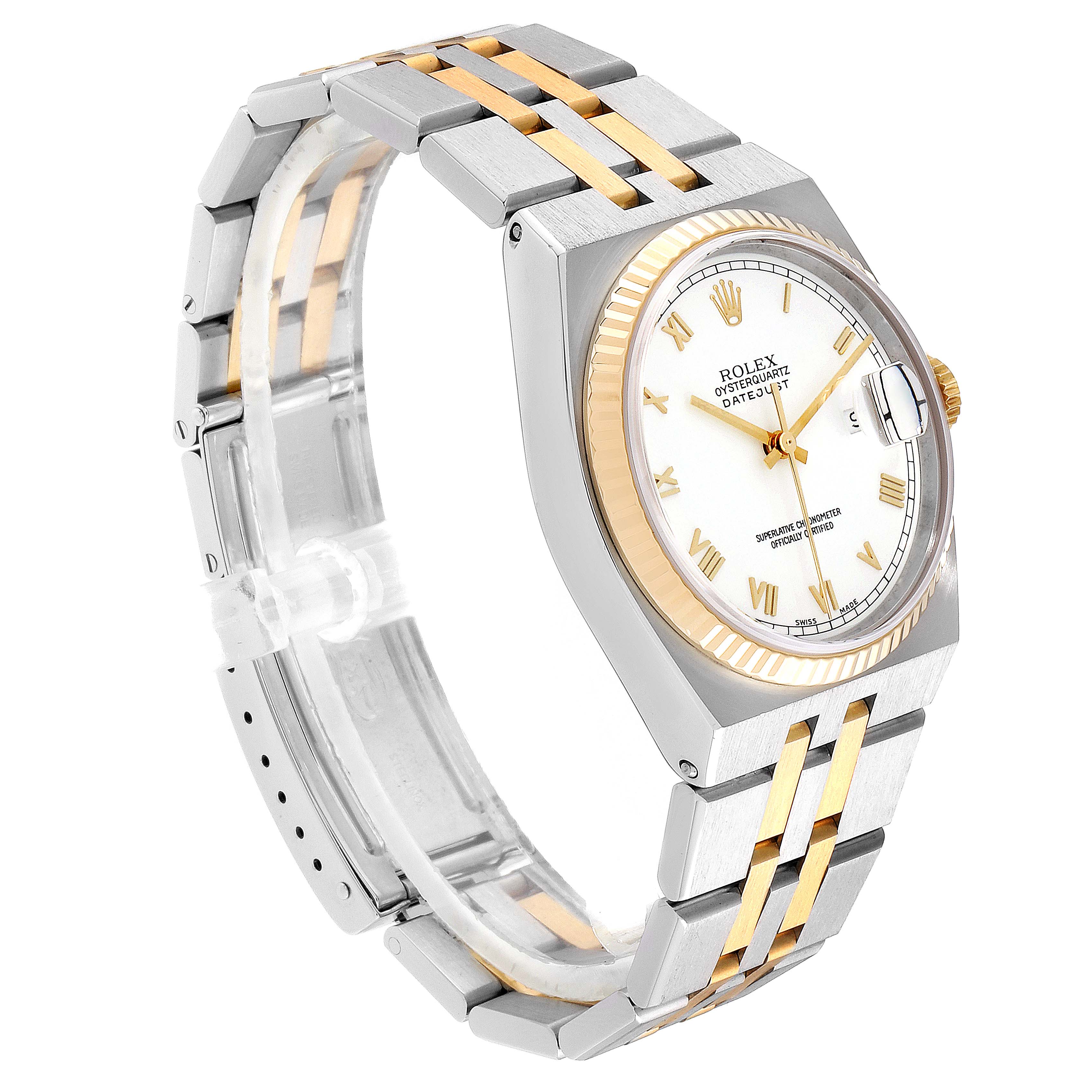 The image shows a Rolex Oysterquartz 16865 Men's Stainless Steel White Dial 16865 Men's Stainless Steel White Dial watch at an angle highlighting the face, bezel, and two-tone bracelet.