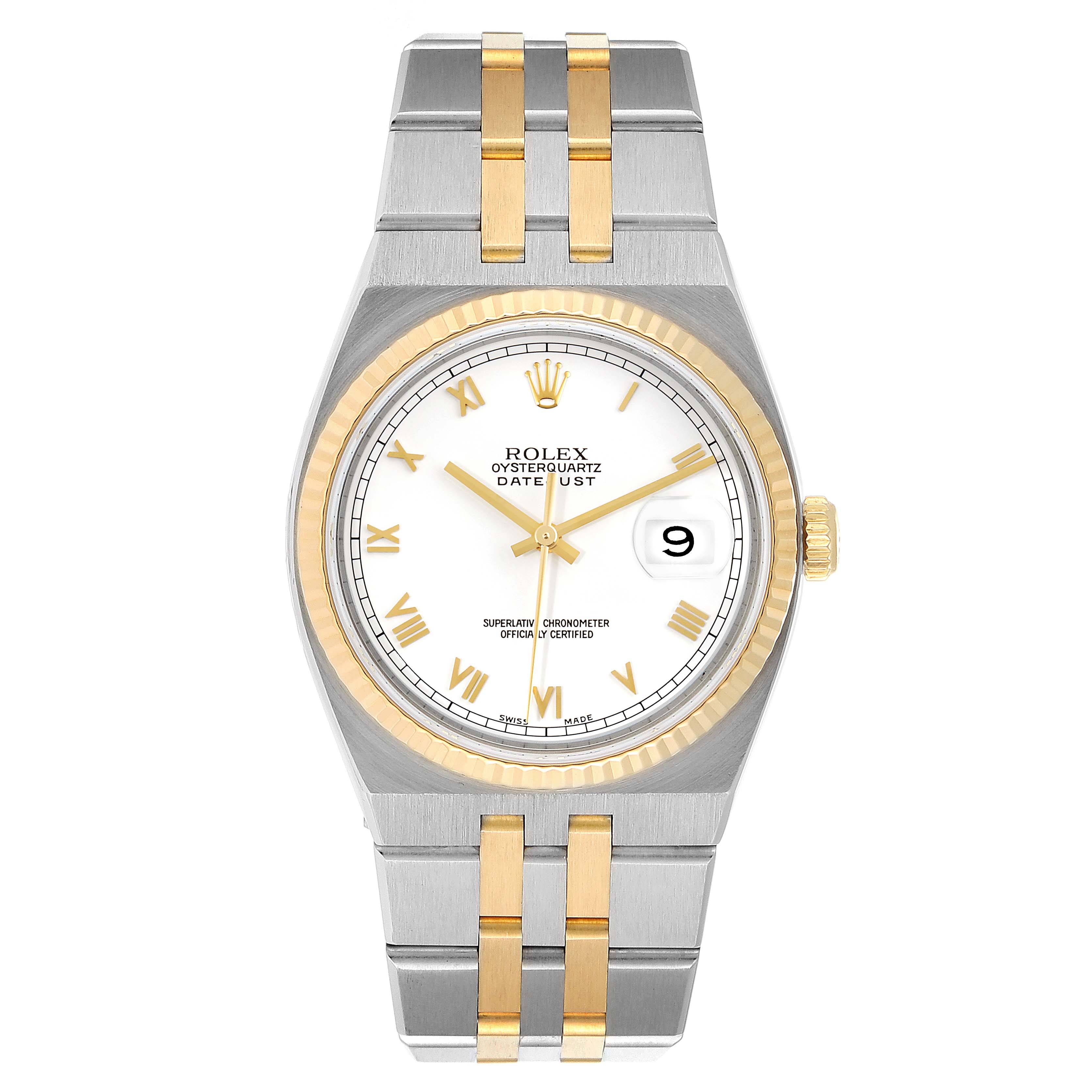 This is a front view of a Rolex Oysterquartz 16865 Men's Stainless Steel White Dial 16865 Men's Stainless Steel White Dial Datejust, showing the dial, bezel, crown, and bracelet.