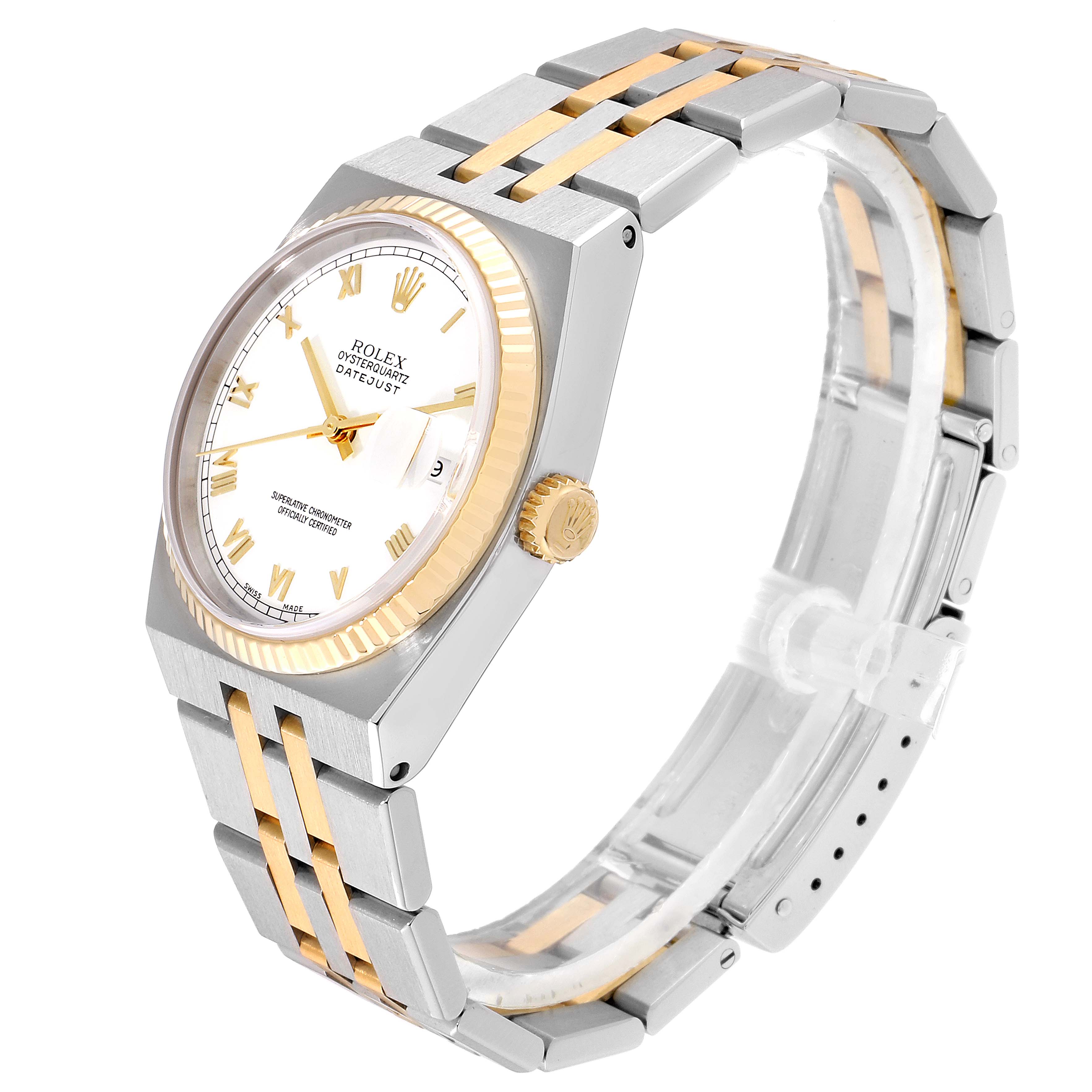 This image shows a side-angle view of a Rolex Oysterquartz 16865 Men's Stainless Steel White Dial 16865 Men's Stainless Steel White Dial watch, highlighting its two-tone bracelet and fluted bezel.