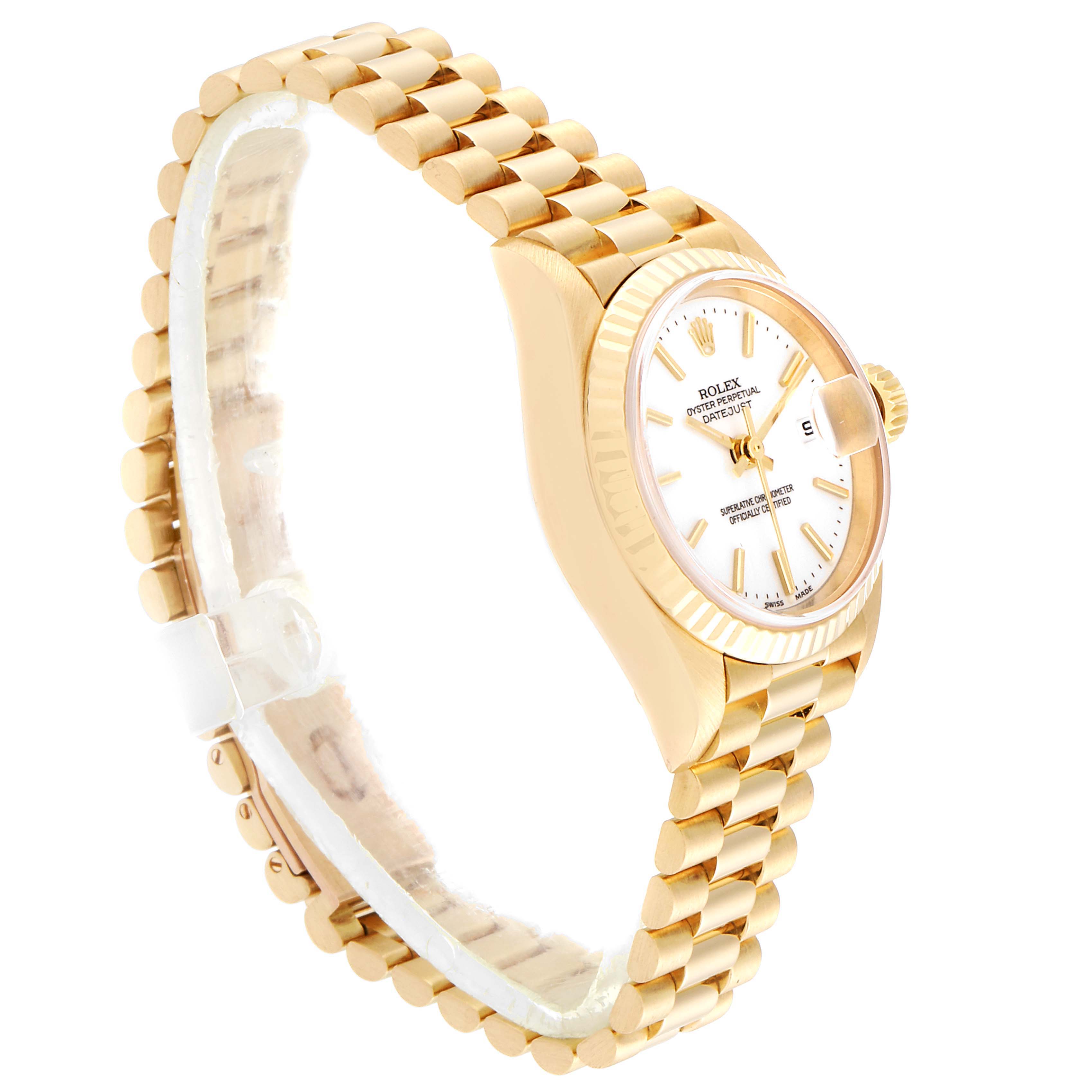 This image shows a side angle view of the Rolex President 79178 Women's Yellow Gold White Dial 79178 Women's Yellow Gold White Dial model watch, highlighting its gold case, bracelet, and white dial.