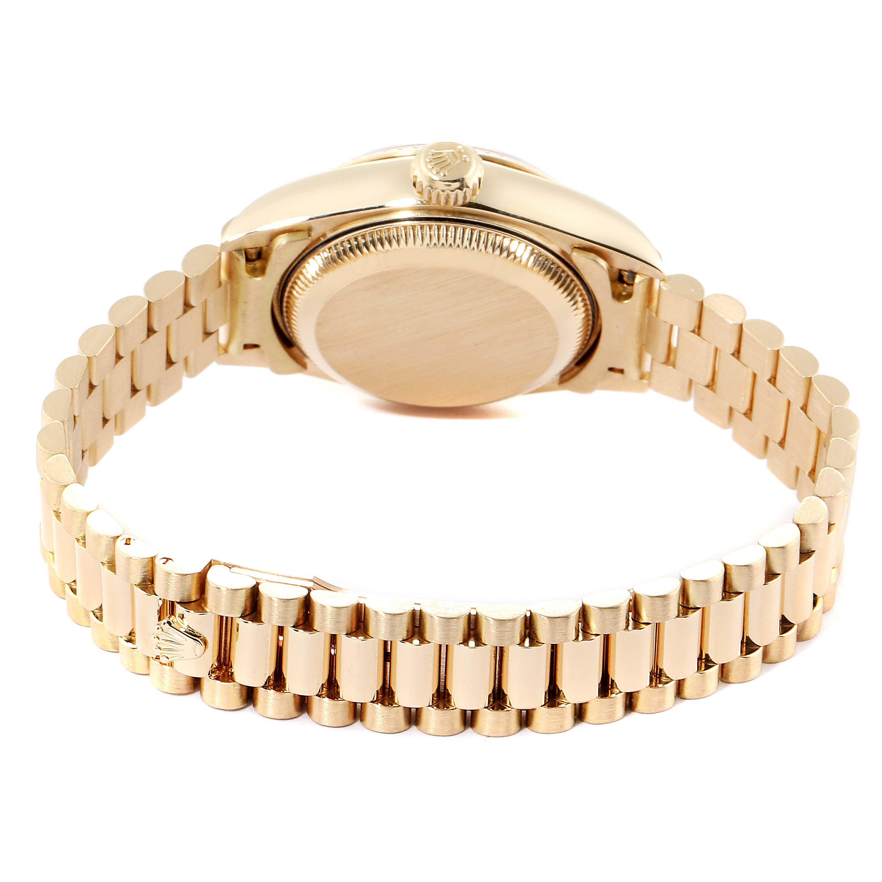 The image shows the back view of a Rolex President 79178 Women's Yellow Gold White Dial 79178 Women's Yellow Gold White Dial model watch, focusing on the case back and bracelet.