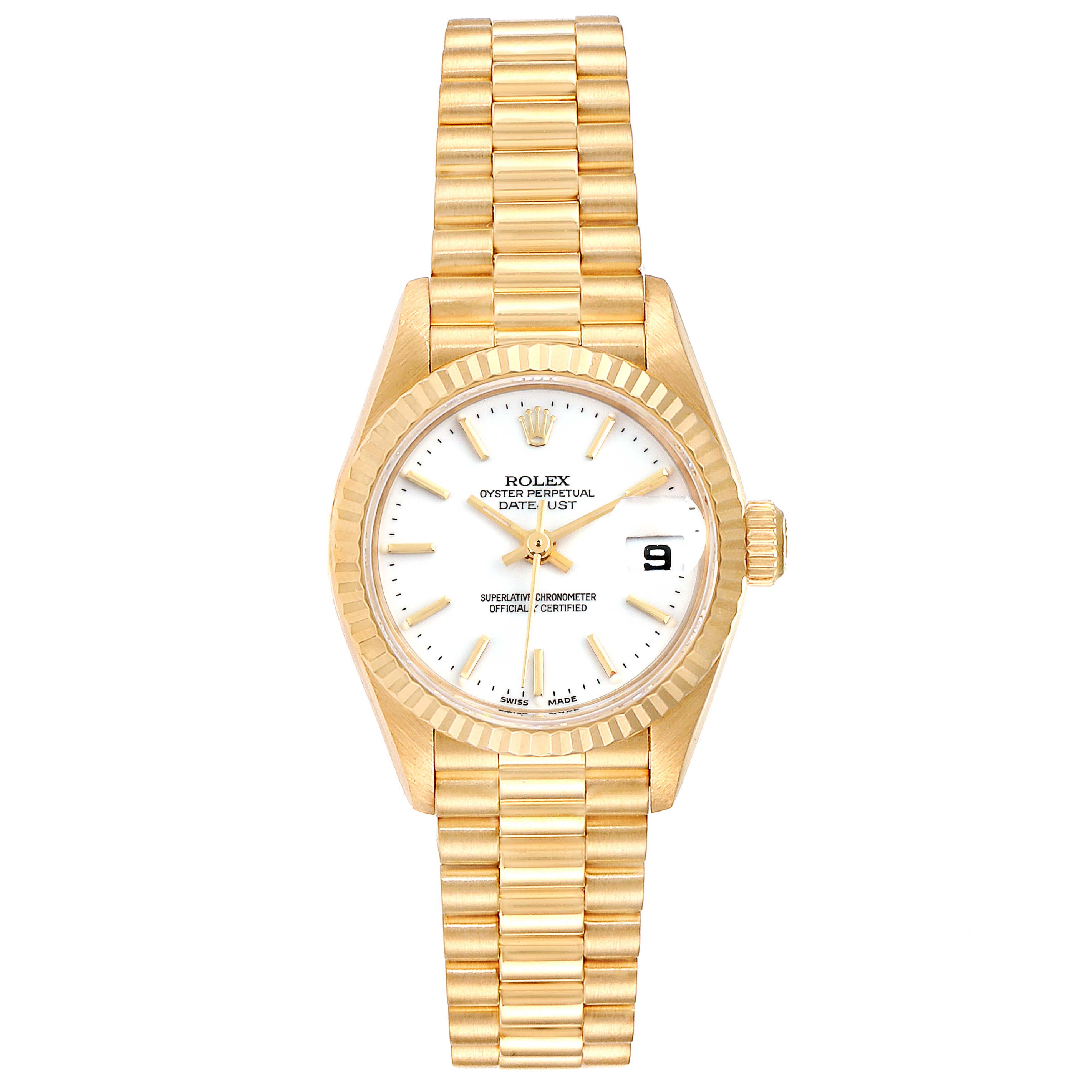 This image shows a full view of the Rolex President 79178 Women's Yellow Gold White Dial 79178 Women's Yellow Gold White Dial model watch face, bezel, and bracelet from the front.