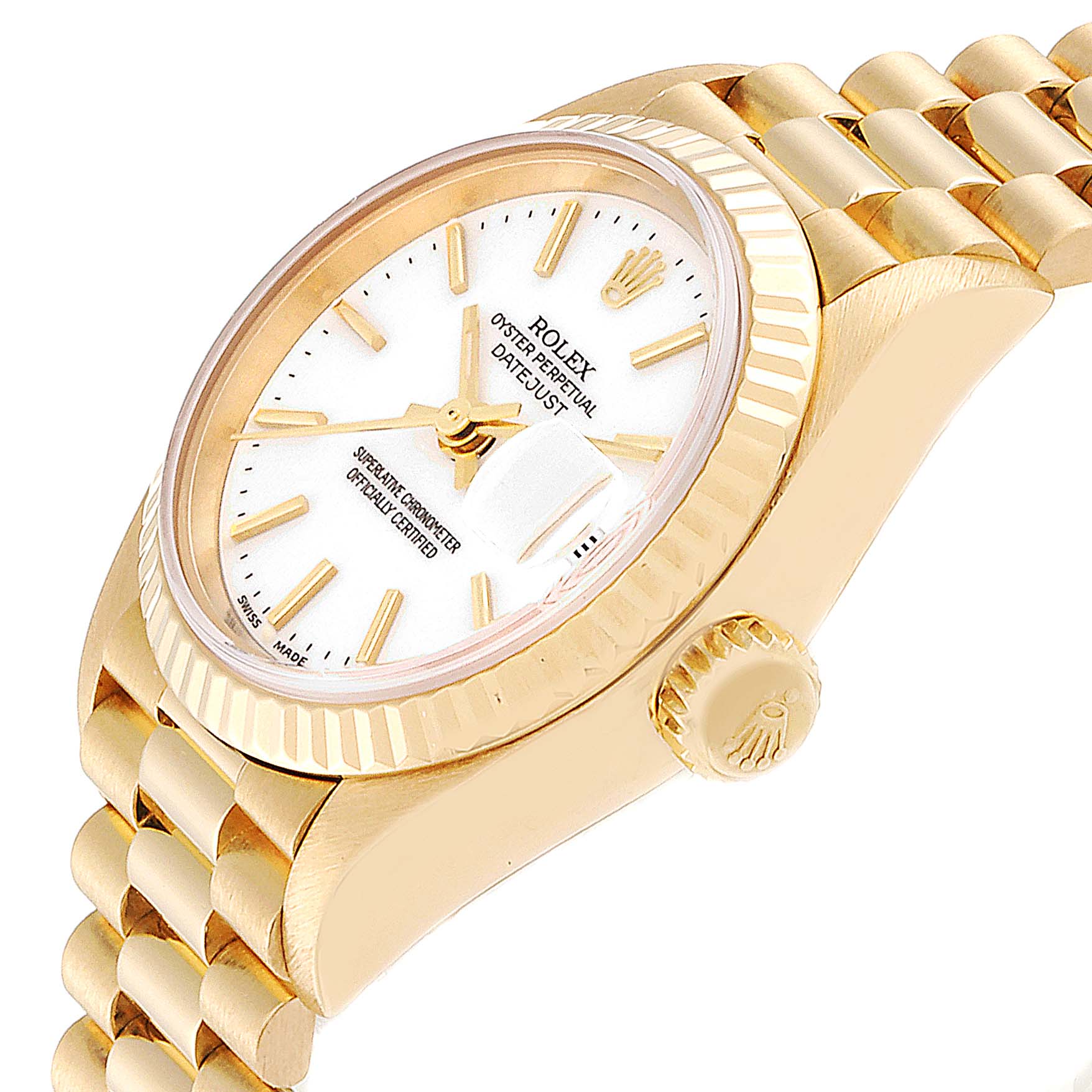 The image shows a partial side view of a Rolex President 79178 Women's Yellow Gold White Dial 79178 Women's Yellow Gold White Dial model watch, highlighting the dial, crown, and bracelet.
