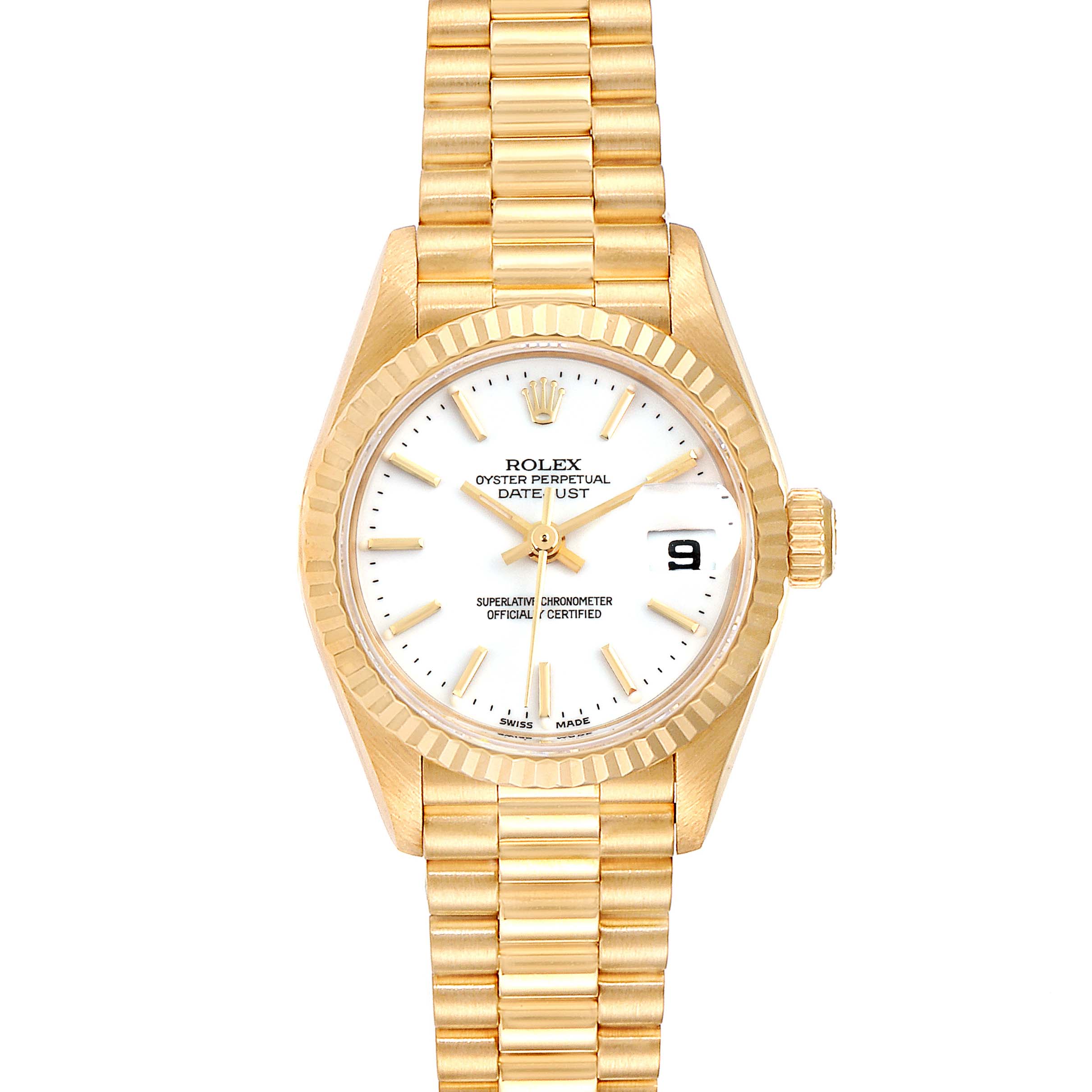 The image shows a frontal view of a Rolex President 79178 Women's Yellow Gold White Dial 79178 Women's Yellow Gold White Dial model watch featuring a gold bracelet and a white dial.