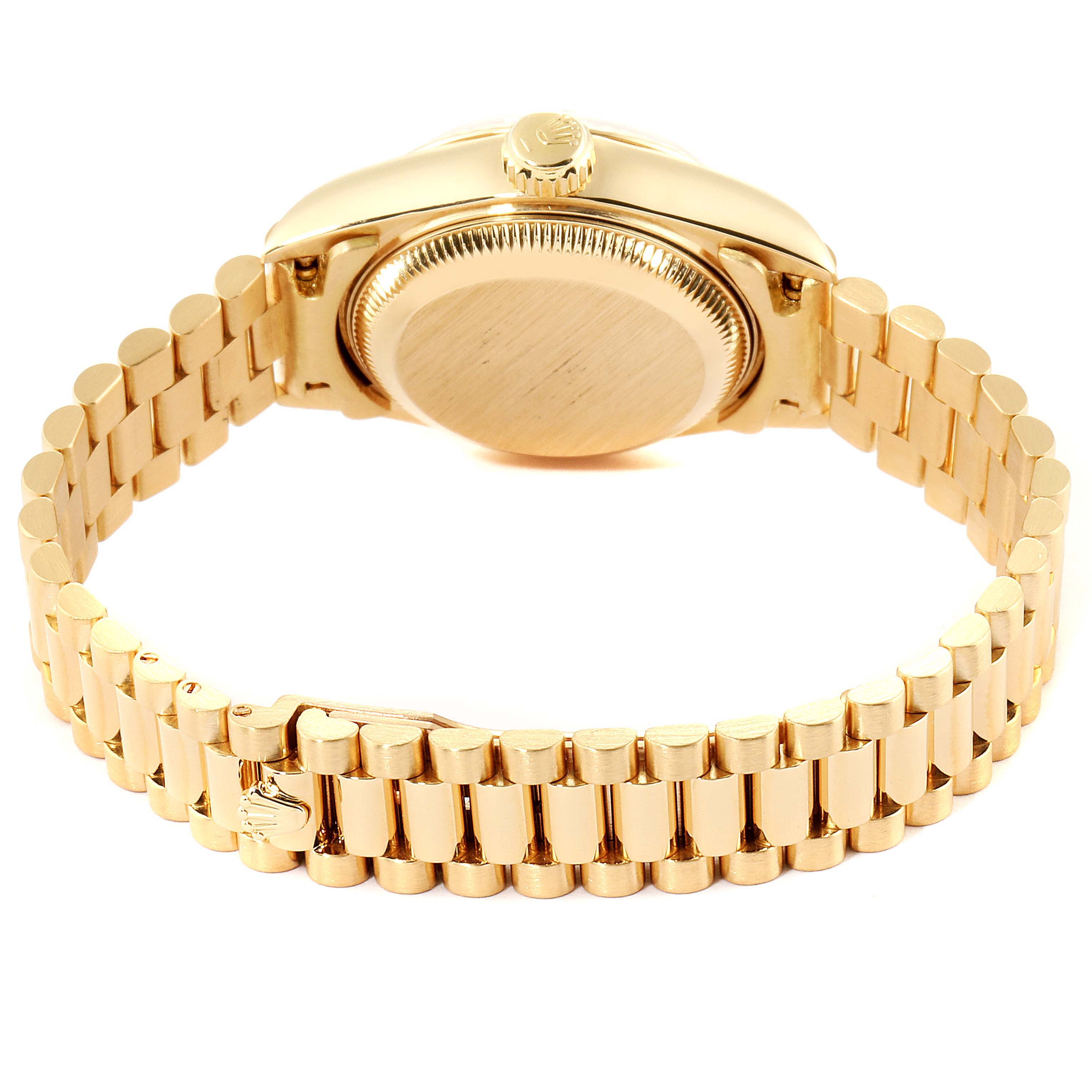 The image shows the back of a Rolex President 69178 Women's Yellow Gold White Dial 69178 Women's Yellow Gold White Dial model watch, focusing on the caseback and bracelet.