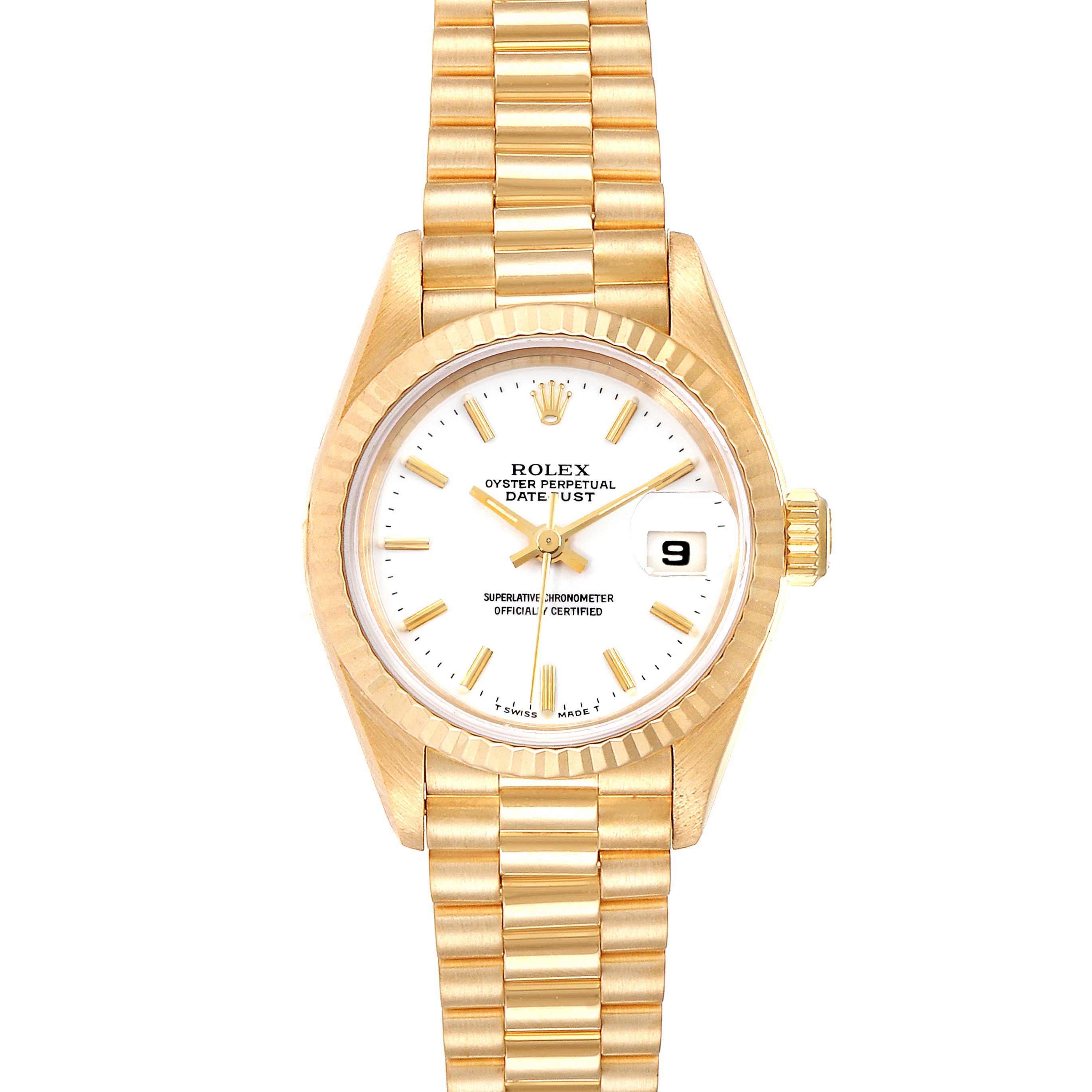This image shows a frontal view of a Rolex President 69178 Women's Yellow Gold White Dial 69178 Women's Yellow Gold White Dial model watch, displaying the dial, bracelet, bezel, and date window.