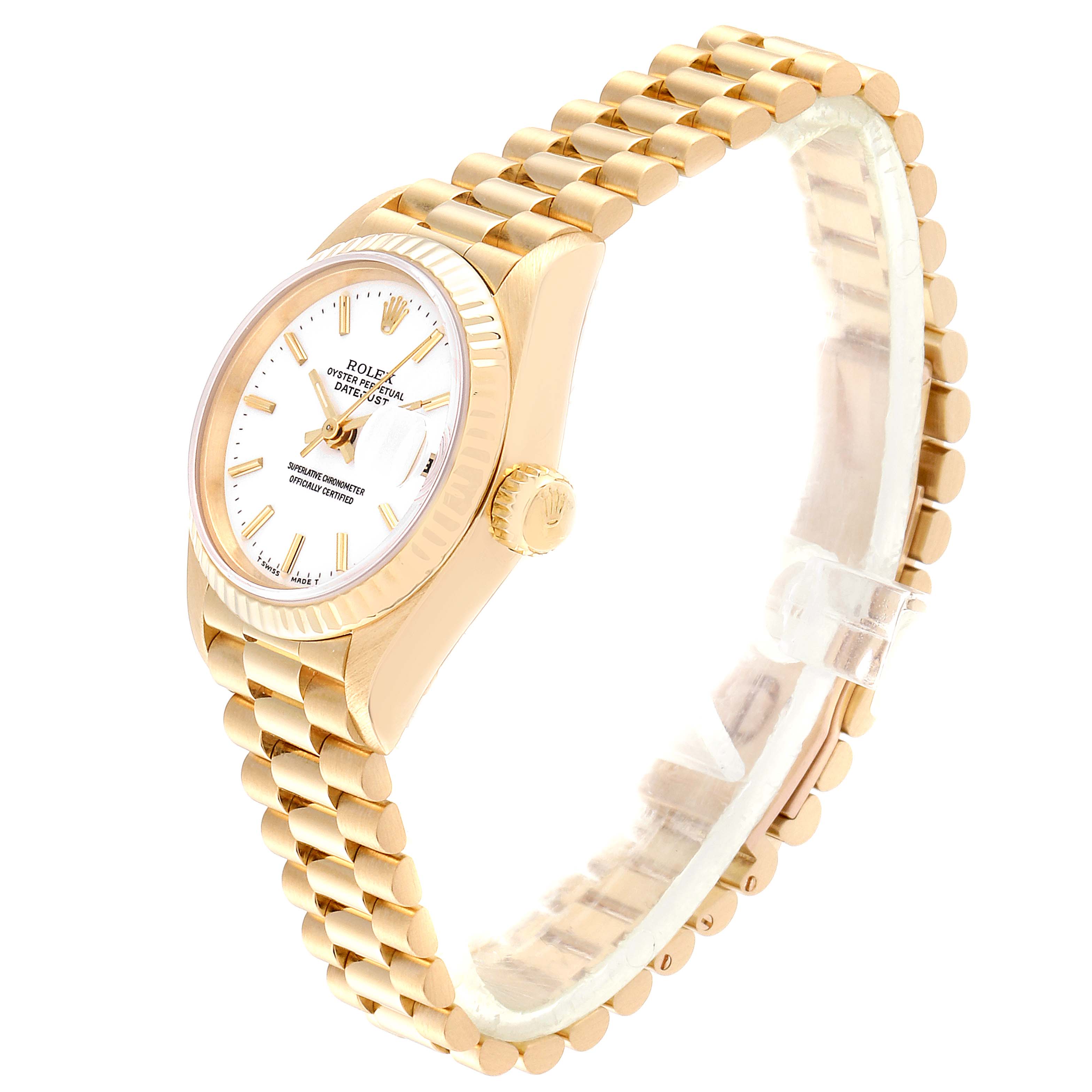 The image shows a side angle of a Rolex President 69178 Women's Yellow Gold White Dial 69178 Women's Yellow Gold White Dial model watch, featuring its gold case, crown, and bracelet.