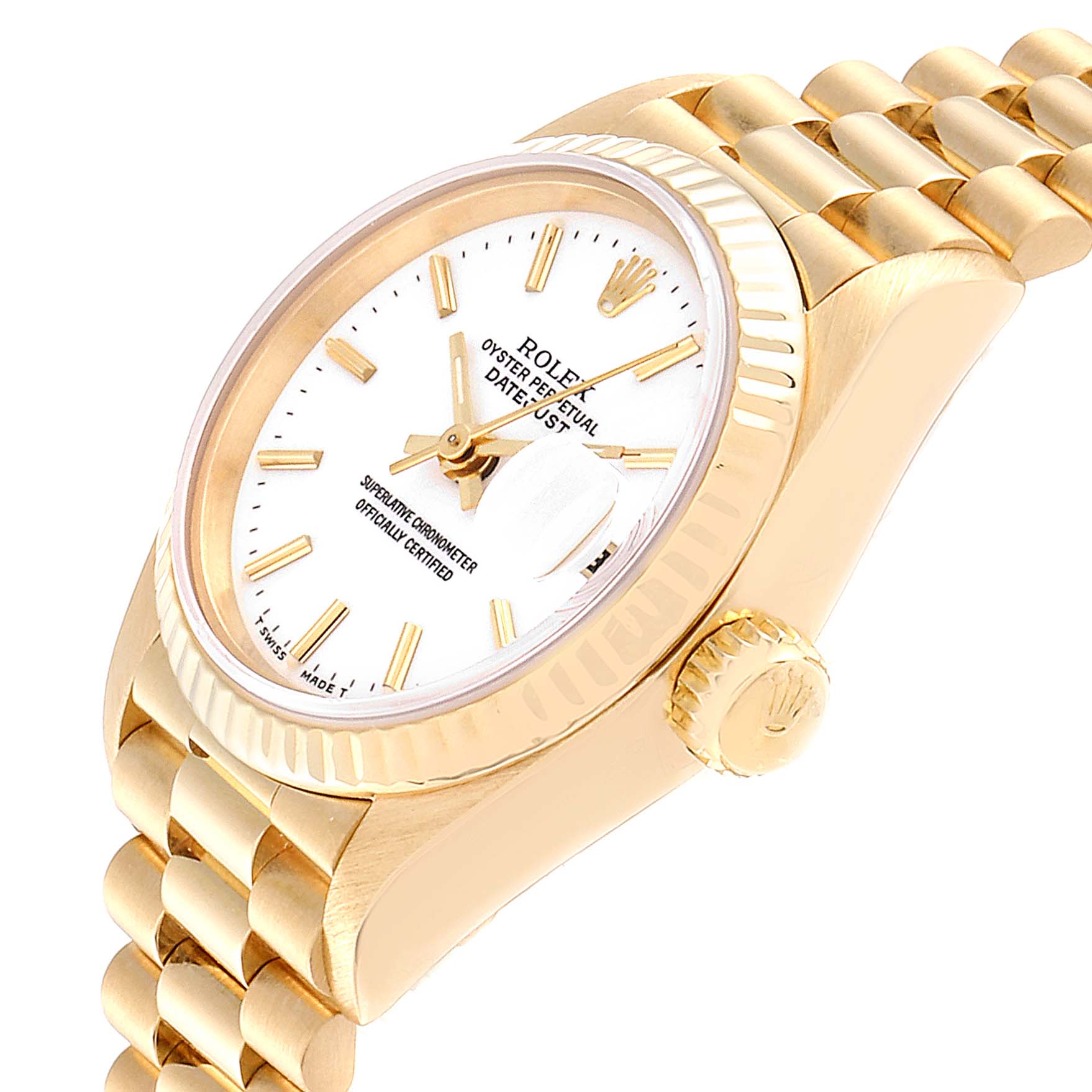 The Rolex President 69178 Women's Yellow Gold White Dial 69178 Women's Yellow Gold White Dial model watch is shown at a slight angle, highlighting the dial, bezel, crown, and part of the bracelet.