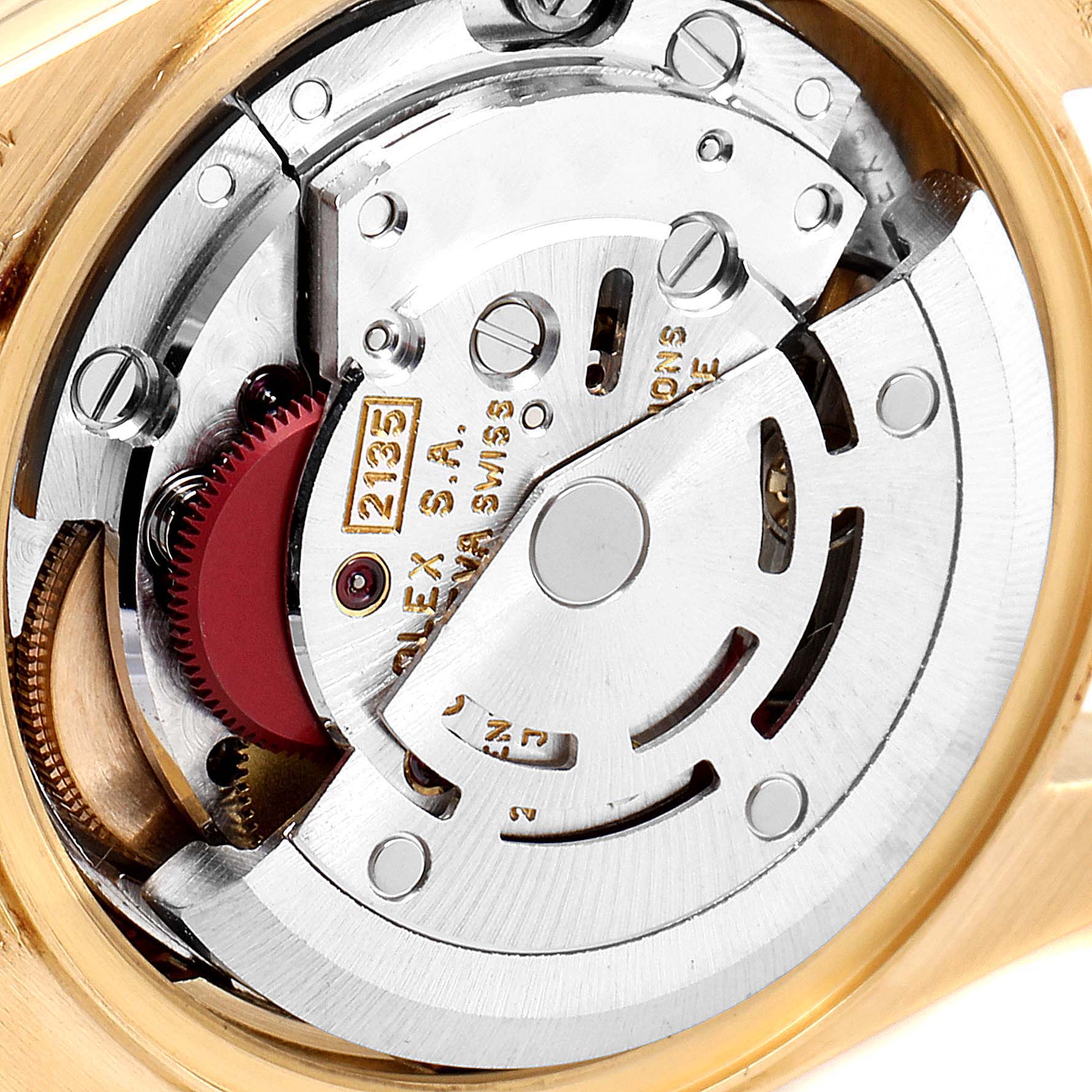 This image shows the inner mechanical components of a Rolex President 69178 Women's Yellow Gold White Dial 69178 Women's Yellow Gold White Dial model watch from a detailed, close-up angle.