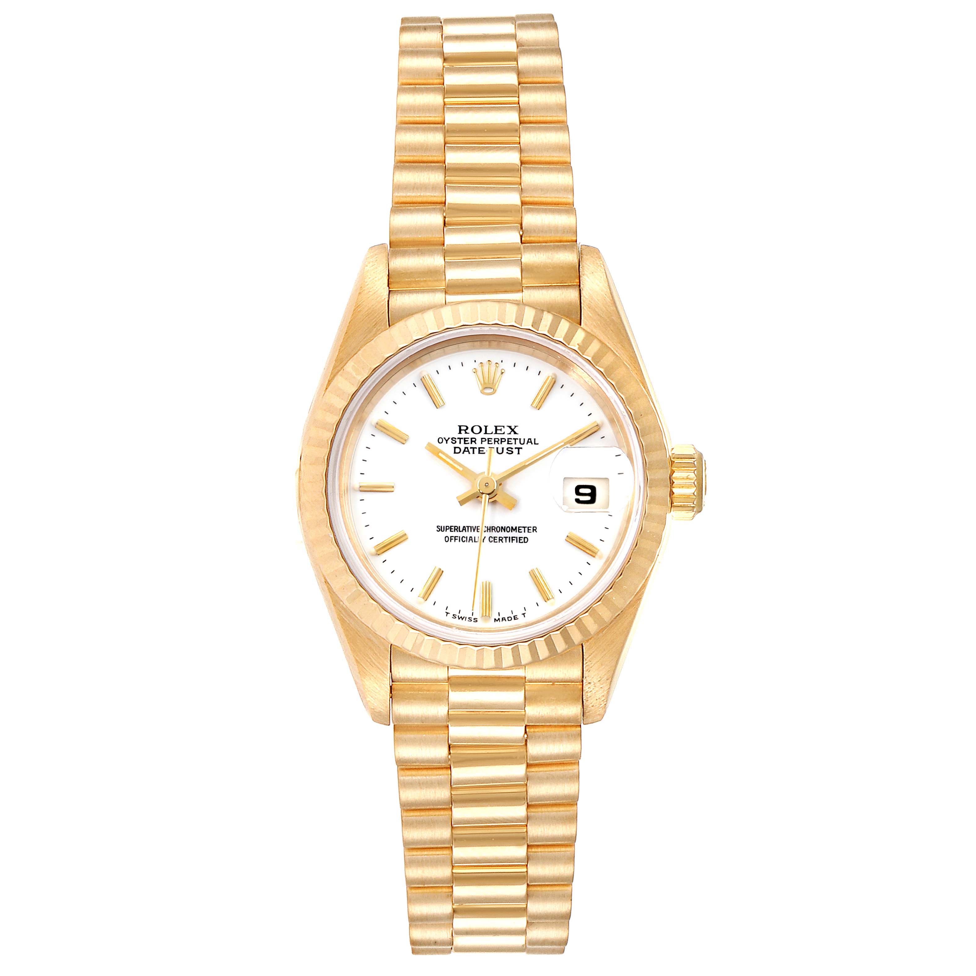The image shows a front view of a Rolex President 69178 Women's Yellow Gold White Dial 69178 Women's Yellow Gold White Dial model with its bracelet, dial, crown, and date window visible.