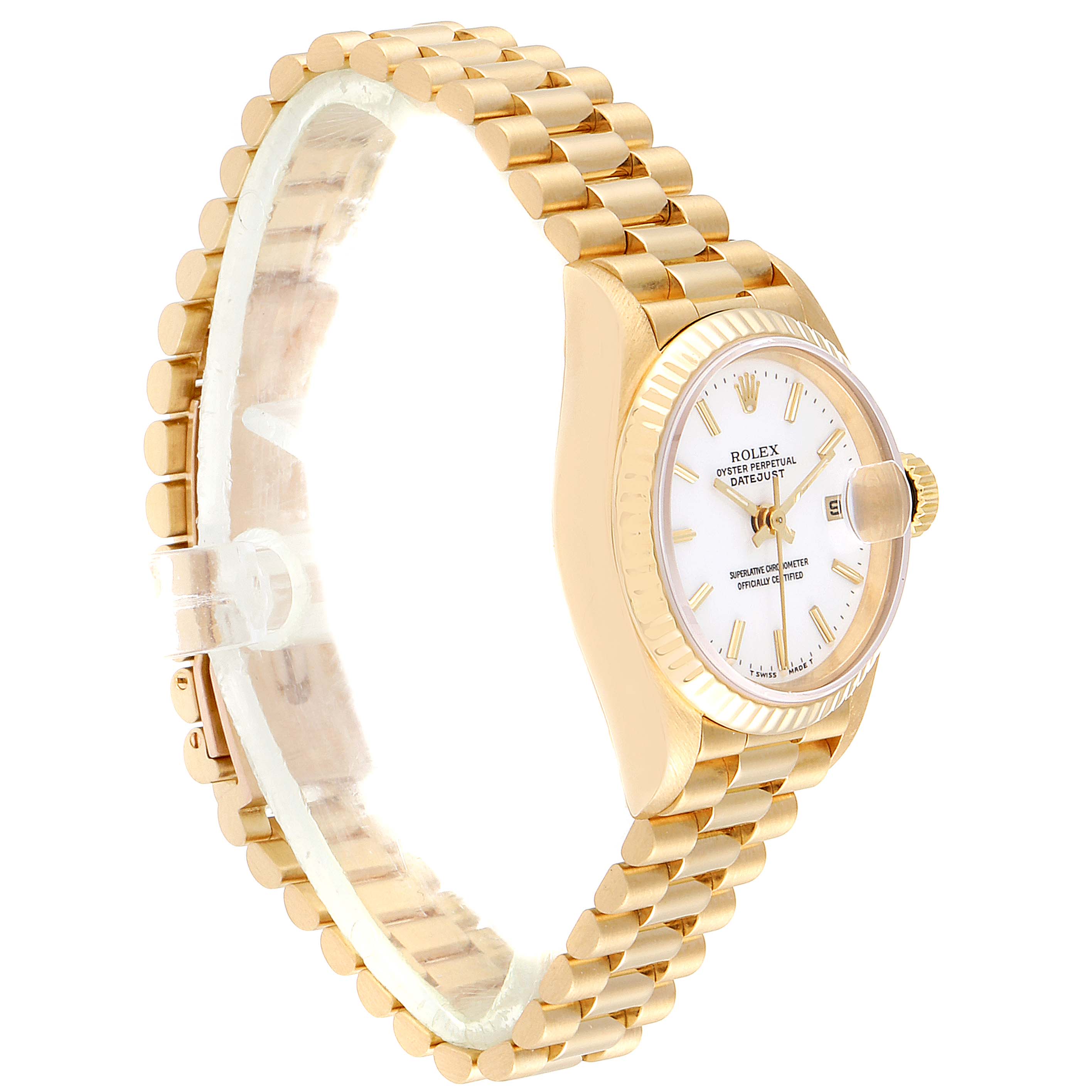 The image shows a side view of the Rolex President 69178 Women's Yellow Gold White Dial 69178 Women's Yellow Gold White Dial model watch, highlighting the gold bracelet, case, and dial.
