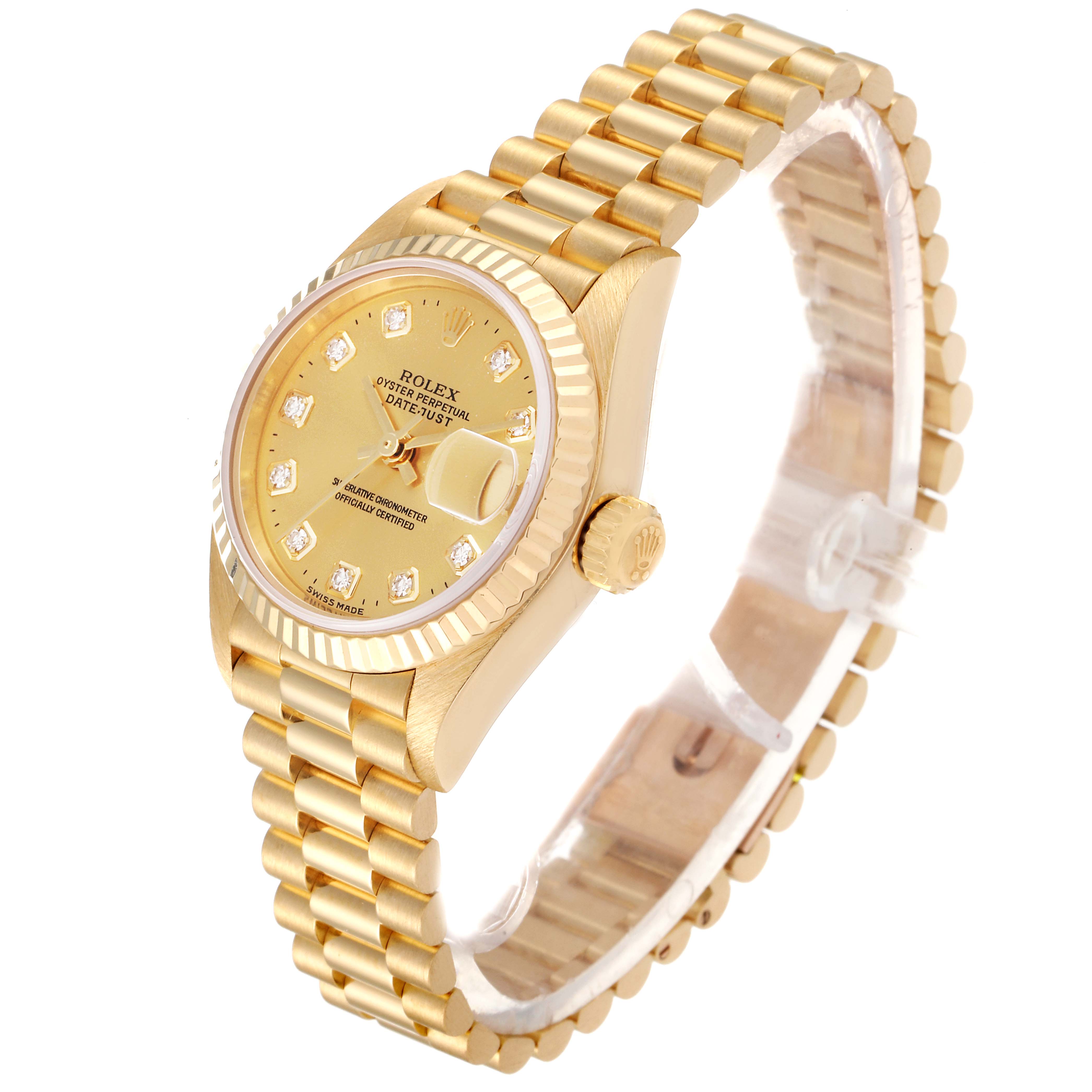 The Rolex President 79178 Women
s Yellow Gold Champagne Dial 79178 Women
s Yellow Gold Champagne Dial model watch is shown in an angled view, highlighting the dial, bezel, crown, and bracelet.