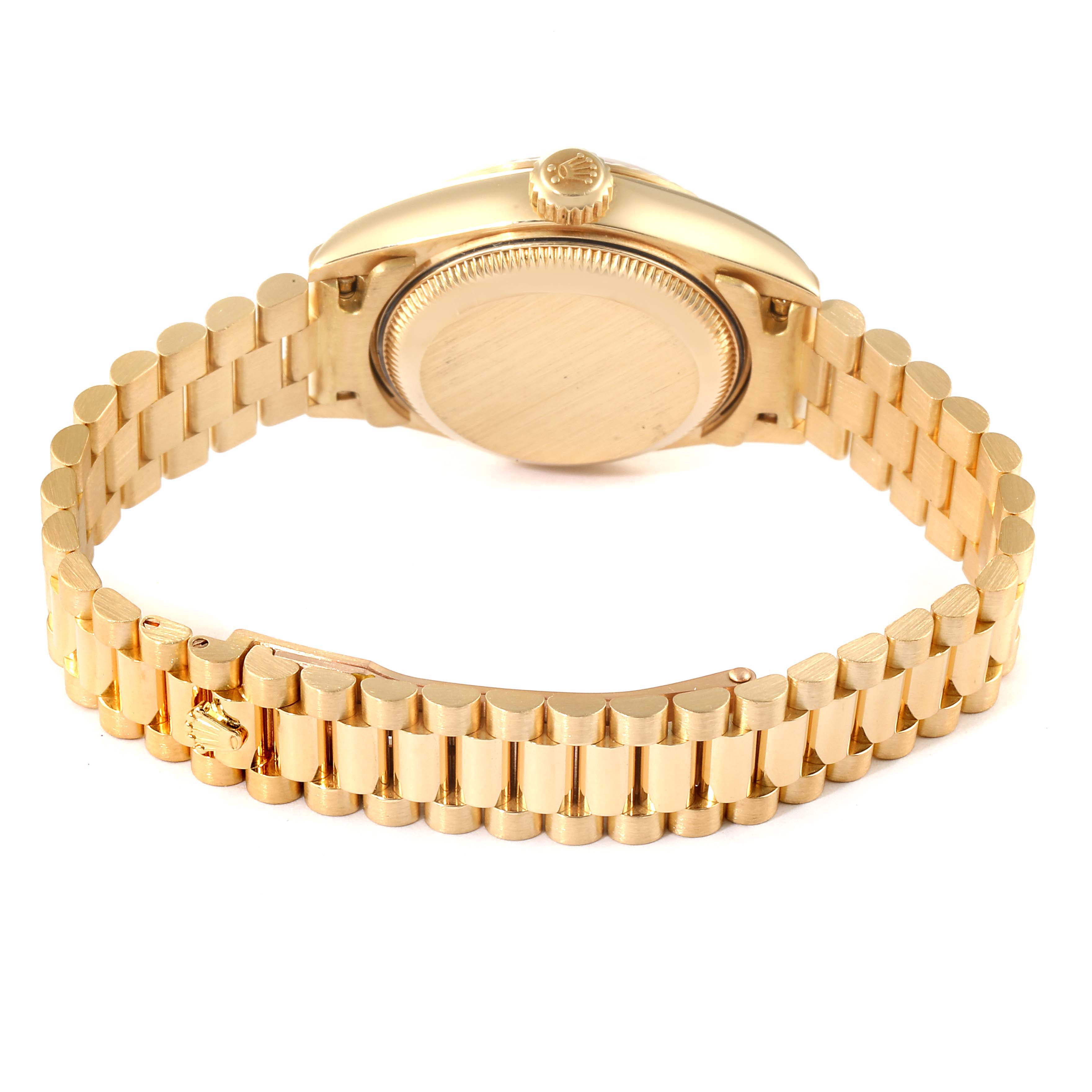 The image shows the back side and bracelet of the Rolex President 79178 Women
s Yellow Gold Champagne Dial 79178 Women
s Yellow Gold Champagne Dial model watch.