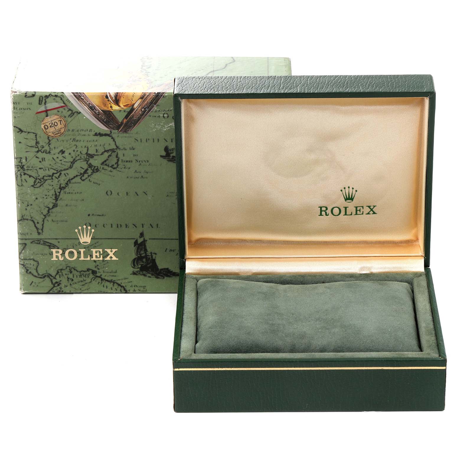 The image shows the green and gold box packaging of a Rolex President 79178 Women
s Yellow Gold Champagne Dial 79178 Women
s Yellow Gold Champagne Dial model watch, including an open watch case and the outer box.