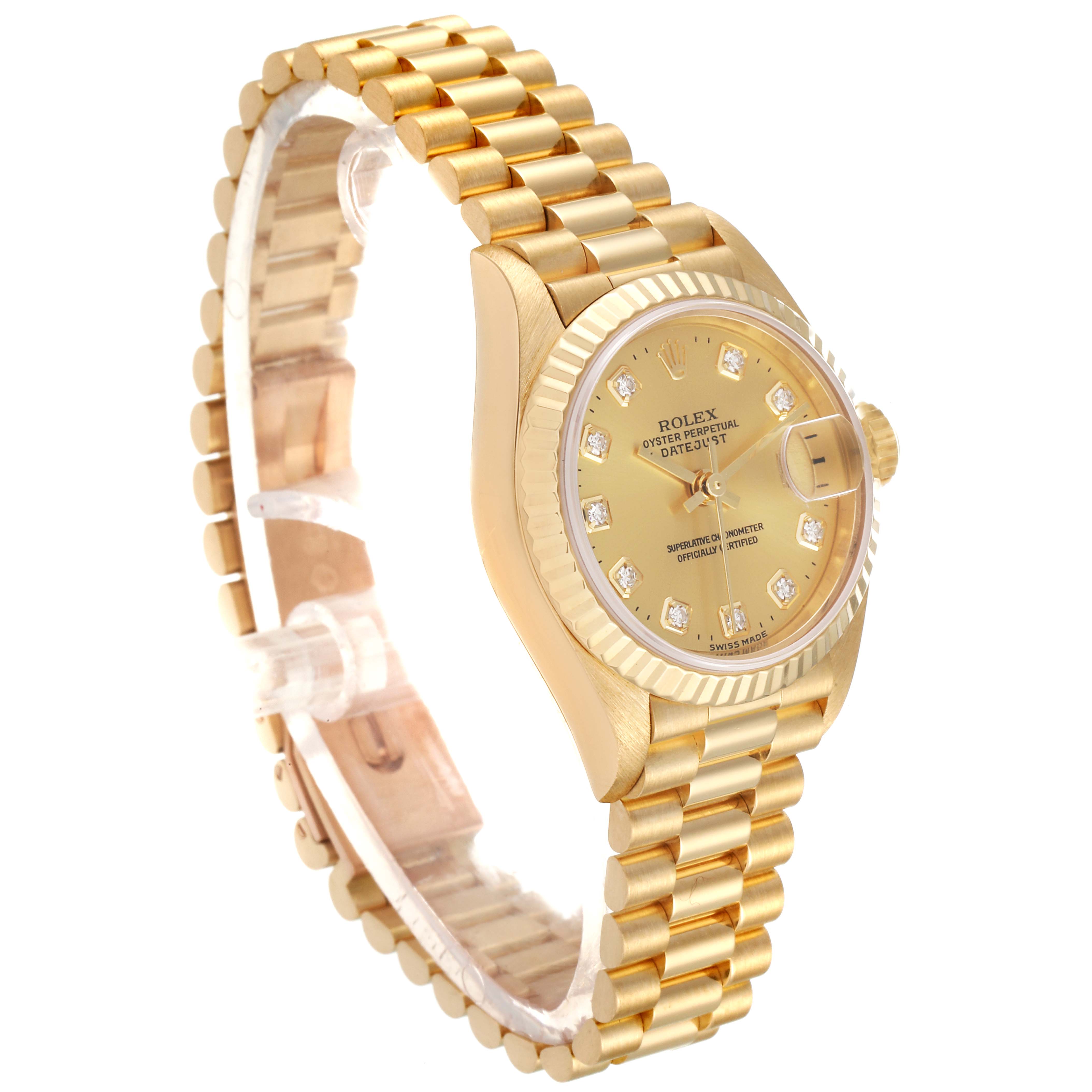 The image shows a side angle of the Rolex President 79178 Women
s Yellow Gold Champagne Dial 79178 Women
s Yellow Gold Champagne Dial model watch featuring its gold bracelet, dial, and fluted bezel.
