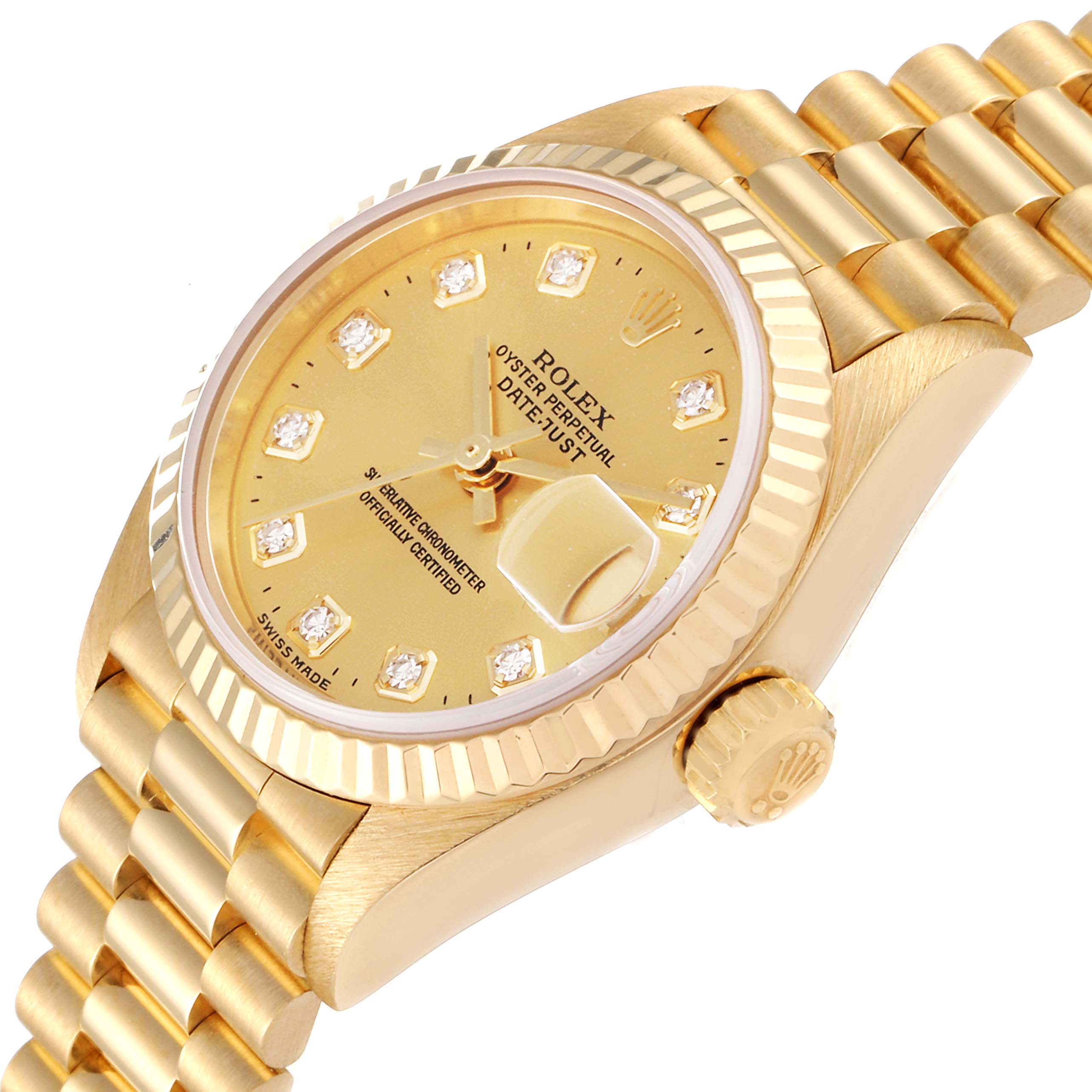 The image shows a close-up angle of the Rolex President 79178 Women
s Yellow Gold Champagne Dial 79178 Women
s Yellow Gold Champagne Dial model watch, displaying its gold dial, case, crown, and bracelet.