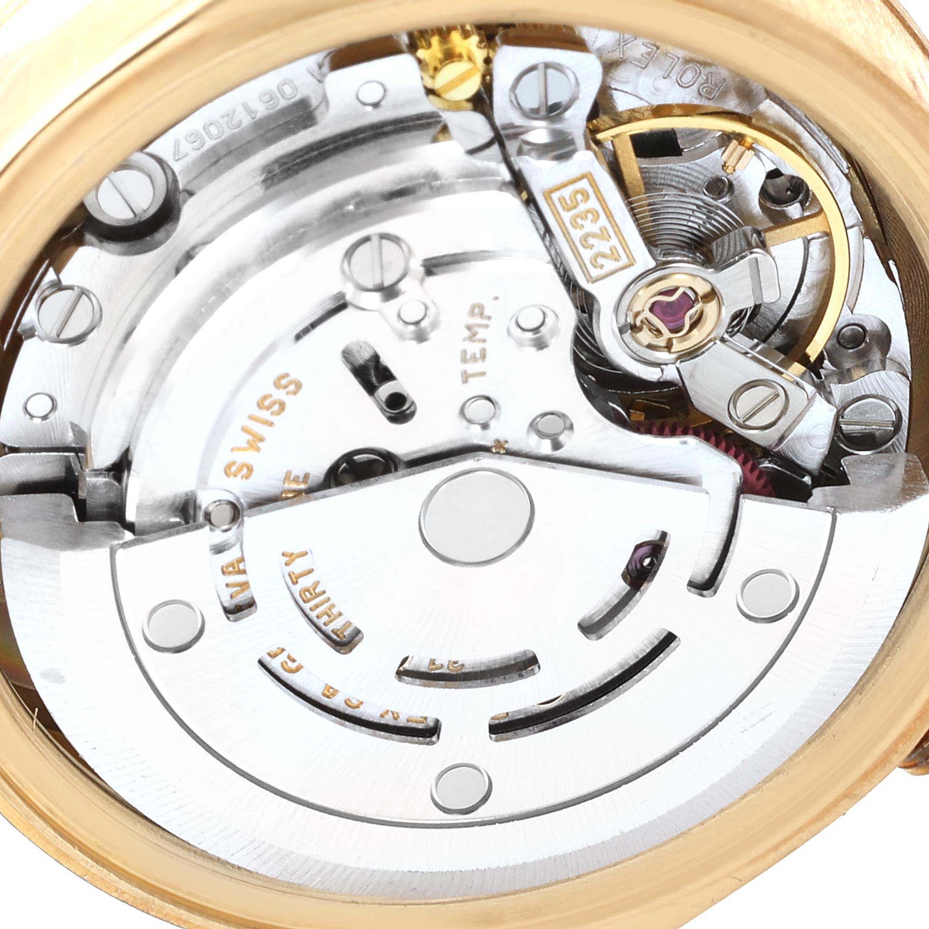 This image shows the internal mechanical movement of the Rolex President 79178 Women
s Yellow Gold Champagne Dial 79178 Women
s Yellow Gold Champagne Dial model watch from the back angle.