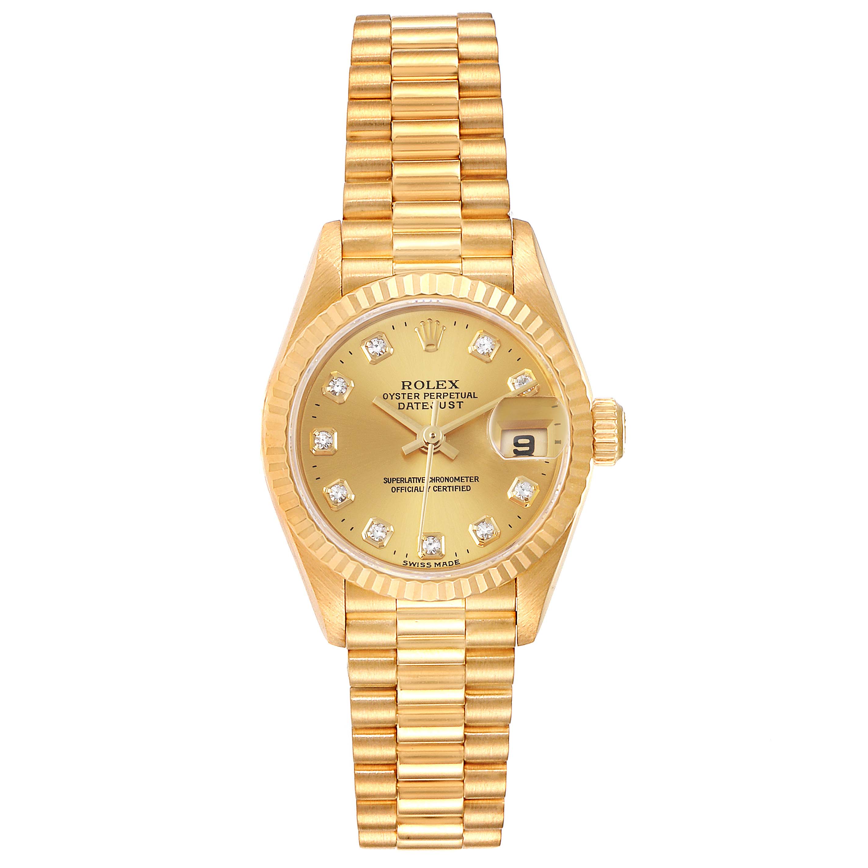 The image shows a front view of the Rolex President 79178 Women
s Yellow Gold Champagne Dial 79178 Women
s Yellow Gold Champagne Dial model, showcasing the watch face, bracelet, and date window.