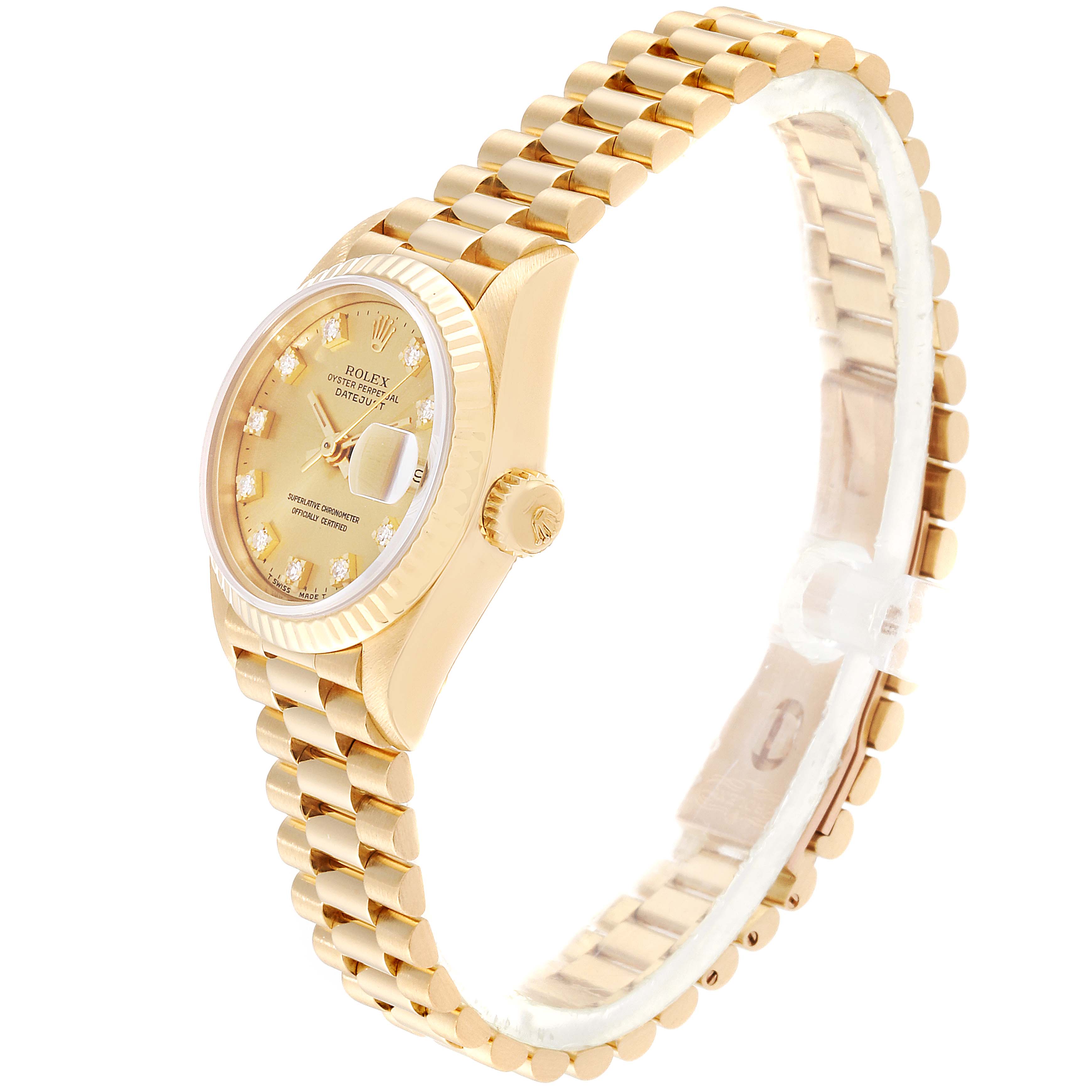 The image shows a side-angle view of the Rolex President 69178 Women's Yellow Gold Champagne Dial 69178 Women's Yellow Gold Champagne Dial model watch, highlighting its gold band, case, and face with diamond hour markers.